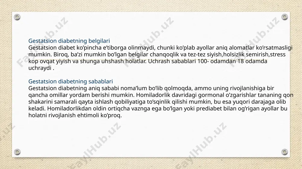 imoli ko’proq. kelajakdagi qandli diabet xavfi: homiladorlik qandli diabet bilan kasallanganlar keyingi hayotlarida 2-toifa diabet rivojlanishiga ko’proq moyil bo’ladilar. gestatsion diabetda bolani xavfli asoratlari. bola tugilishi xavfi qiyin tugilish ,tugilishda travmalar xavfini oshishi. kamdan kam holarda bolani tugilayotgan vaqtida olim bilan tugashi. sariqlik bola tugilgandan kegin terining va koz oqlari sargayib qolishi. respirator distress sindoromi nafas olishda muamolarni bolishi.opkani yetarli darajada rivojlanmaganligi sababli nafas olishda qiyinchiliklar bolishi. katta vaznli bola. gipoglikemiya qonda shakarni pastligi .tugilgandan keyin bolani qonda shakarni keskin pasayishi. homiladorlik vaqti qonda qand miqdorini yuqori bolishi. preeklampsiya .homiladorlikning ikkinchi yarimida yuqori qon bosimi va siydikda oqsilni paydo bolishi. kesirva bilan tugish ehtimoli, katta vaznli bolani tabiiy yul bilan tugishni qiyinlashishi. 2- toifali diabetni rivojlanish xavfini yuqori bolishi. ortiqcha vazn toplash ,holsiz bolib qolish ,stressda bolish .depressiya xavflarini oshirishi ham mumkun. tuxumdon polikistoz sindromi bolishi. onada yosh ulgayavergan sari ortib boradi ayniqsa 35-yoshdan oshgan ayollarda. qandli diabetni nazorat kiltirish. …
