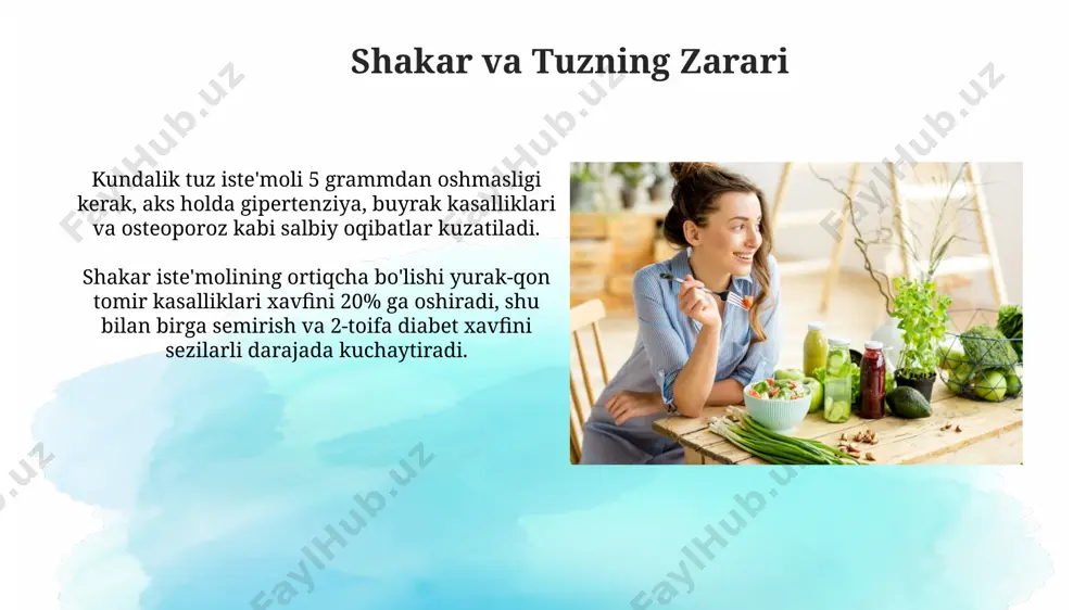 zimini mustahkamlaydi va organizmni zararli erkin radikallardan himoya qiladi, bu esa kasalliklardan himoya qilishga yordam beradi. sog'lom ovqatlanishning asosiy tamoyillari to'yingan yog'lar va trans-yog'lar iste'molini kunlik kaloriyangizning 10% dan kamroq qilib cheklash yurak-qon tomir kasalliklari xavfini kamaytirishga yordam beradi. sog'lom ovqatlanishning asosiy tamoyillaridan biri kunlik kaloriyangizni 5-6 ta kichik ovqatlarga bo'lish orqali qon shakarining keskin o'zgarishini oldini olishdir, bu esa energiya darajangizni barqarorlashtiradi. e'tiboringiz uchun rahmat @taqdimot_robot image2.jpg image3.jpg image4.jpg image5.jpg image6.jpg image7.jpg image8.jpg image9.jpg image10.jpg image11.jpg image12.jpg image13.jpg image1.png