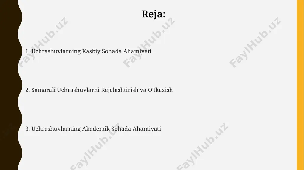 30% ga tezlashtirishi mumkin, chunki to'g'ridan-to'g'ri muloqot samarqanddagi universitet tadqiqotida ko'rsatilganidek, samaradorlikni oshiradi. akademik sohada uchrashuvlar o'zbekistondagi 5 ta yirik universitetda o'tkazilgan so'rovnomalar shuni ko'rsatdiki, talabalar bilan professor-o'qituvchilar o'rtasidagi muntazam uchrashuvlar akademik ko'rsatkichlarning 15 foizga oshishiga olib keladi. yangi zelandiya universitetlaridagi tajribalar shuni tasdiqlaydiki, 100 dan ortiq talaba ishtirok etgan fakultativ mashg'ulotlar va individual uchrashuvlar talabalarning o'zlashtirish darajasini 20% ga yaxshilaydi. akademik muhitda o'tkaziladigan uchrashuvlar, masalan, toshkentdagi oliygohlarda 20 dan ortiq professor-o'qituvchilar ishtirokida bo'lib o'tadigan ilmiy seminarlar, tadqiqot loyihalarining muvaffaqiyatli amalga oshirilishiga 30% hissa qo'shadi. professional munosabatlarni rivojlantirish professional munosabatlarni rivojlantirishda bir yilda 10 dan ortiq seminar va treninglarga qatnashish natijalari 30% ga ko'payishini ko'rsatgan tadqiqotlar mavjud. tadbirkorlarning 70% dan ortig'i toshkentdagi biznes-forumlarda o'z hamkorlarini topgan va shartnomalar imzolaganini ta'kidlaydilar, bu esa uchrashuvlarning muhimligini ko'rsatadi. samarqanddagi xalqaro konferensiyalarda 2022-yilda 500 dan ortiq ishtirokchi professional aloqalarni rivojlantirish maqsadida uchrashuvlar o'tkazgan. vaqtni samarali boshqarish 3 soatlik uchrashuvlarni 1 soatga qisqartirish, xodimlar va …