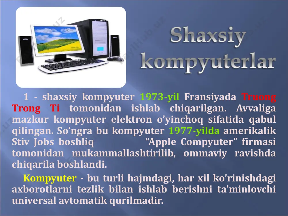 ifbo-raqamli 3) yo’nalishli 4) raqamlar paneli 5) maxsuslashtirilgan 6) modifikatorlar sichqoncha (ingl. mouse – sichqon) ma’lumot kiritish qurilmasi bo’lib, biror tekislik bo’ylab yurg’izilganda ostidagi lazer nuri harakat haqidagi ma’lumotni kompyuterga uzatadi va ekrandagi kursor mos yo’nalishlarda harakatlanadi. sichqonchaning tugmalari yordamida kompyuterga biror buyruq berish mumkin. birinchi sichqonchali kompyuter ― xerox 8010 star information system mini-kompyuteri 1981-yilda ishlab chiqarilgan. printer (ingl. printer – chop qiluvchi) ma’lumotlarni qog’ozga chiqarish qurilmasi. printerlarning uch xili mavjud: bosma, purkovchi va lazerli. bosma printer ignalar yordamida, purkovchisi naycha yordamida, lazerli printer esa maxsus baraban yordamida chop qiladi. purkovchi hamda lazerli printerlar yordamida rangli ma’lumotlarni chop etish mumkin. birinchi uyali printerlar 1985-yilda ishlab chiqarilgan. skaner (ingl. scanner - o’qib oluvchi) ma’lumotlarni nurli lampa yordamida rasmli ko’rinishda kompyuter xotirasiga o’qib oluvchi qurilma. skanerlarning asosan ikki turi mavjud: stol usti skanerlari va qo’l skanerlari. hewlard packard, epson, canon firmalarining skanerlari dunyoga mashhur. modem (abbr. modulyator, demodulyator) kompyuter signallarini telefon …
