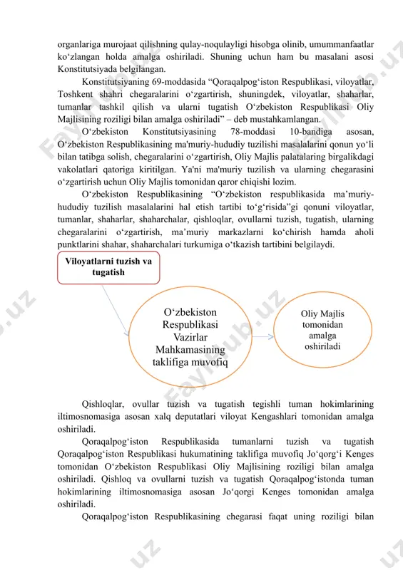 h, oliy majlis palatalaring birgalikdagi vakolatlari qatoriga kiritilgan. ya'ni ma'muriy tuzilish va ularning chegarasini o‘zgartirish uchun oliy majlis tomonidan qaror chiqishi lozim. o‘zbekiston respublikasining “o‘zbekiston respublikasida ma’muriy-hududiy tuzilish masalalarini hal etish tartibi to‘g‘risida”gi qonuni viloyatlar, tumanlar, shaharlar, shaharchalar, qishloqlar, ovullarni tuzish, tugatish, ularning chegaralarini o‘zgartirish, ma’muriy markazlarni ko‘chirish hamda aholi punktlarini shahar, shaharchalari turkumiga o‘tkazish tartibini belgilaydi. qishloqlar, ovullar tuzish va tugatish tegishli tuman hokimlarining iltimosnomasiga asosan xalq deputatlari viloyat kengashlari tomonidan amalga oshiriladi. qoraqalpog‘iston respublikasida tumanlarni tuzish va tugatish qoraqalpog‘iston respublikasi hukumatining taklifiga muvofiq jo‘qorg‘i kenges tomonidan o‘zbekiston respublikasi oliy majlisining roziligi bilan amalga oshiriladi. qishloq va ovullarni tuzish va tugatish qoraqalpog‘istonda tuman hokimlarining iltimosnomasiga asosan jo‘qorgi kenges tomonidan amalga oshiriladi. qoraqalpog‘iston respublikasining chegarasi faqat uning roziligi bilan jo‘qorg‘i kenges qaroriga asoson oliy majlis tomonidan o‘zgartirilishi mumkin. viloyatlar va tumanlarining chegarasini o‘zgartirish tegishli viloyatlar va toshkent shahri hokimlarining iltimosnomasiga asosan o‘zbekiston respublikasi vazirlar mahkamasining taklifiga ko‘ra oliy majlis tomonidan …