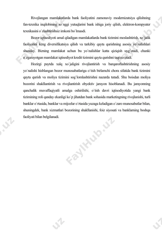 qsadida bozorga taklif etiladigan har qanday narsalardir. bu jismoniy obyektlar, xizmatlar, shaxslar, joylar, tashkilotlar va g`oyalar bo`lishi mumkin. bank tovarlari o`ziga xosdir, bu - pul bilan operatsiyalar ifodalaydigan xizmatlar. iqtisodiy aabiyotlarda bu xizmatlar «bank mahsuloti» nomini olgan. bizning amaliyotda bu atama bozor iqtisodiyotiga o`tilishi munosabati bilan endi qo`llanila boshlagan. amerika adabiyotlarida bank tomonidan amalga oshirilgan u yoki bu operatsiya yoki xizmatni nazarda tutgan holda aynan bank mahsulotlari haqida gapirish qabul qilingan. buning ustiga, banklar oxirgi o`n yillikda o`z faoliyatida asosiy e’tiborni mijozning manfaatlarida belgilangan harakatlarni amalga oshirishdan ko`ra tobora ko`proq yaratilgan va keng ma’noda muomalada bo`lgan moliyaviy majburiyatlar oldi-sotdisiga qaratmoqdalar. bank operatsiyalari quyidagi turlarga tasniflanishi mumkin: 1) kredit xizmatlari (operatsiyalari) bu - bank va mijoz (qarz oluvchi yoki debitor) o`rtasida muddatlilik, pullilik va qaytarib berilish tamoyillari asosida belgilangan miqdorda pul mablag`lari taqdim etish bo`yicha munosabatlar; 2) depozitli operatsiyalar - banklarga turli iqtisodiy kontragentlarning vaqtinchalik bo`sh pul mablag`larini jamg`arish imkoniyatini beradi; …