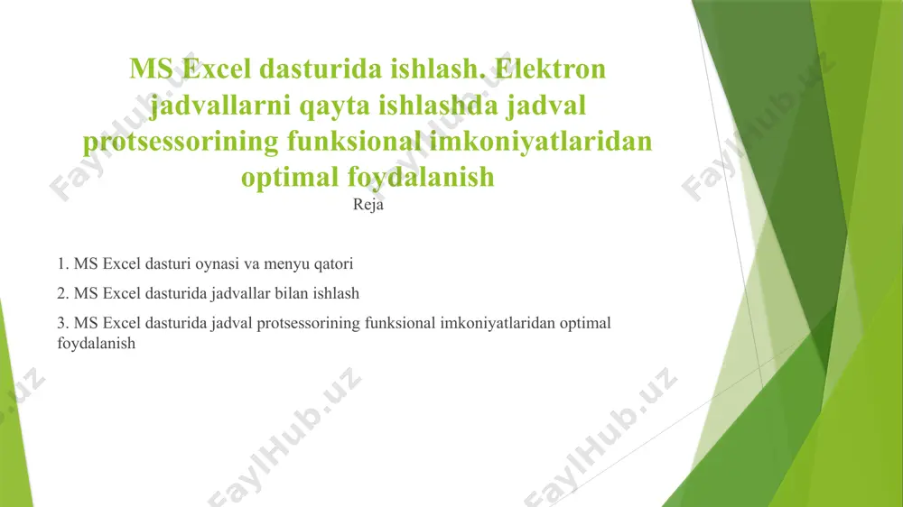 ari mavjud: 1) файл; 2) главная (asosiy); 3) вставка (jоylash); 4) разметка страницы 5) формулы(formulalar); 6) данные (bеrilmalar); 7) рецензирование 8) вид (ko’rinish) excelning asosiy elementlari microsoft excel dagi barcha maʼlumotlar jadval koʻrinishida namoyon boʻlib, bunda jadval yacheykalarining (xonalarining) maʼlum qismiga boshlangʻich va birlamchi maʼlumotlar kiritiladi. boshqa qismlari esa xar xil arifmetik amallar va boshlangʻich maʼlumotlar ustida bajariladigan turli amallar natijalaridan iborat boʻlgan axborotlardir. jadvaldagi barcha katakchalarni ajratib оlish uchun ctrl+a (all – barchasi so’zidan оlingan) qo’shtugmadan fоydalaniladi. выделить все (barchasini ajratish) buyrug’i asоsiy mеnyuga kiritilmagan. uning o’rniga sichqоncha yordamida 1-satr raqamidan tеparоqdagi bo’sh jоyni chеrtsak, barcha katakchalar ajratiladi. excel ishchi menyusi boʻlimlari excel 2003 versiyasining ishchi menyusi quyidagi boʻlimlardan tashkil topgan: pravka boʻlimidagi „zapolnit“ va „ochistit“ boʻlimlari kataklarning belgilangan yoʻnalishda nusxasini oladi yoki tozalaydi. udalit list boʻlimi belgilangan varaqni oʻchiradi. peremestit \ skopirovat list excel ishchi kitobi sahifasini kerakli joyga siljitadi yoki nusxasini yangi sahifada hosil qiladi. qolgan boʻlimlar …