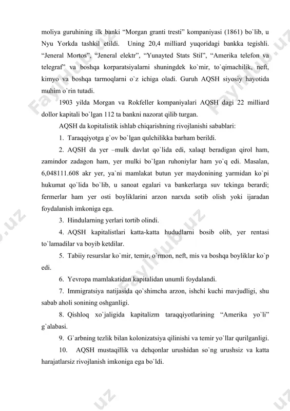 ijtimoiy –siyosiy ahvoli. xix asrning oxiri xx asr boshlarida aqsh murakkab ijtimiy muammolarga duch keldi. bulardan eng yiriklari mahalliy hindular, negirlar bilan bog`liq bo`lib, milliy masala otkirligicha qolayotgan edi. sanoatning tez rivojlanishi yerli hindularda tortib olingan yerlarni mumkin qadar tezroq o`zlashtirish, sharqiy shtatlar bilan g`arbiy hududlarni qo`shish, undan ishlab chiqarilgan maxsulotlarni bozorlarga sotish, ko`plab temiryo`llar qurishni talab qilardi. mamlakatda aholi soni tez o`sdi. “ko`hna dunyo”dan “baxt” qidirib kelganlar bu yerda mashaqqatli mehnatga duch keldilar. kasaba uyushmalari zaif, milliy ishchilar ittifoqi 6-7 yildan so`ng tarqab ketdi. ishchilarni himoya qiladigan kuch yo`q edi. ishchilar noroziligi ko`payib bordi. 1877 yilda aqsh temir yo`lchilari ish tashladi va u 17 shtatga tarqaldi. ularga qarshi armiya, politsiya tashlandi. amalda bu “kichik” fuqarolar urushiga aylandi. pitsburgda ishchilar hukumat qo`shinlarini yengib, 7 kun shaharga ega bo`ldilar. sent –luistda ham ishchilar ikki hafta hukumron bo`ldilar. nyu york, ogayo, indiana, illinoys shtatlarida qurolli qo`zg`alonlar bo`ldi. 1886 yil 1-mayda chekako ishchilaridan …