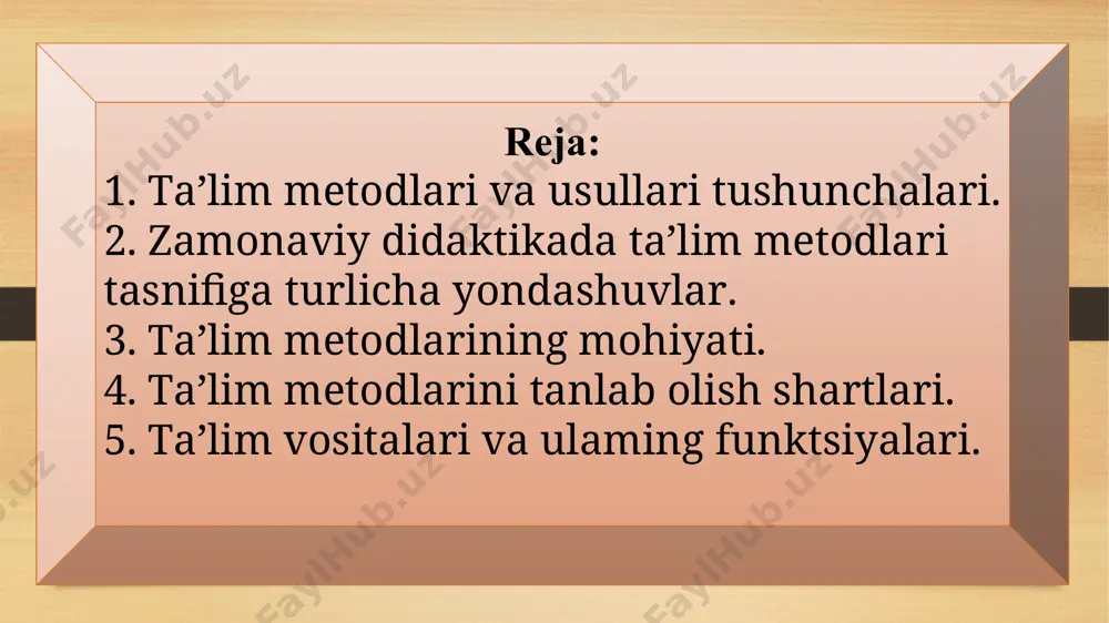 didaktik maqsadlariga kо‘ra ta’lim metodlari tasnifi: yangi bilimlarni egallash metodlari; kо‘nikma va malakalarni shakllantirish metodlari; bilimlarni amaliyotda qо‘llash metodlari; bilim, kо‘nikma va malakalarni mustahkamlash va nazorat qilish metodlari. о‘rgatish metodlari о‘rganish metodlari axboriy-ma’lumotli ijro etish (bajarish) tushuntirishli reproduktiv kо‘rgazmali-amaliy ijodiy-amaliy tushuntirishli-undovchi qisman izlanishli undovchi izlanishli ta’limning binar metodlari yaxlit yondashuvga kо‘ra ta’lim metodlari tasnifi о‘quv-bilish faoliyatini tashkil etish va amalga oshirish metodlari. о‘quv-bilish faoliyatini motivatsiyalash va rag‘batlantirish metodlari. о‘quv-bilish faoliyatini nazorat va о‘z-о‘zini nazorat qilish metodlari. о‘rganilayotganlarini о‘zlashtirishga da’vat qilish metodlari yangi materialni anglash metodlari о‘rganilganlarini fikrlashga imkon beruvchi metodlar erkin yozish. klaster. aqliy hujum. b-b-b chizmasi. chalkashtirilgan mantiqiy zanjirlar ketma-ketligi. semantik xususiyatlar tahlili. semantik xususiyatlar tahlili. b-b-b chizmasi. о‘qitish bо‘yicha qо‘llanma. bir-biriga о‘rgatish. bir-biridan sо‘rash. ikki qismli kundaliklar. eng asosiy tushunchalar eng asosiy tushunchalar, takrorlash. t-chizma. konseptual jadval. venn diagrammasi. nilufar guli. besh minutlik esse. о‘n minutlik esse. ta’lim metodlarini tanlab olish shartlari 1. ta’limning umumiy maqsadlari. 2. fanning …
