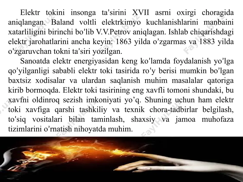 tlanishining asosiy omillari: - tokning turi, - inson tanasidan o’tayotgan tokni davom etish muddati, - tokni o’tgan yo’li, - tokni chastotasiga, - insonni shaxsiy hususiyatlarga bog’liq. tok kuchi insonga turli ta’sir ko’rsatadi. ko’rsatgan ta’siriga qarab quyidagi tok qiymatlariga ajratiladi: - tokni sezish chegarasi. o’zgaruvchan tokni 50 gs va miqdori 0.1-1.5 ma, o’zgarmas tokni miqdori 5-7 ma. shu holatda inson qo’l panjalari titraydi va issiqlikni sezadi; - qo’yib yuboradigan tok. o’zgaruvchan tokni miqdori 8-10 ma, o’zgarmas tok uchun 20-25 ma. shu holatda inson og’riq sezadi badani qiziydi. - ushlab qoladigan tok. o’zgaruvchan tokni miqdori 10-15 ma, o’zgarmas tok uchun 50-80 ma. shu holatida qo’l mushaklari keskin qisqariladi, shok holati kuzatiladi, nafas olish qiyinlashadi, va inson o’zini tanasini boshqarib ololmaydi. - fibrilyasion tok. o’zgaruvchan tok miqdori 100 ma, o’zgarmas tok uchun 300ma. shu holatda insonni yurak mushaklari tartibsiz qisqariladi, ishlash tartibi buziladi, natijada qon aylanish tizimi ishdan chiqadi. inson tanasidan o’tayotgan tokni …