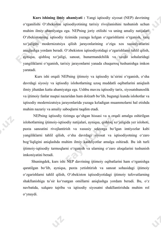 turadi. kurs ishi tuzilishi. kurs ishi kirish, 4 ta asosiy reja, xulosa va foydalanilgan adabiyotlar ro‘yxatidan iborat. 1. turkiston xalq xo‘jaligida yangi iqtisodiy siyosatning joriy qilinishi 1920-yillarning boshlarida sovet rossiyasida yuz bergan siyosiy va iqtisodiy inqirozlar tufayli, yangi iqtisodiy siyosat (nep) joriy etish zarurati paydo bo‘ldi. bu siyosat, ayniqsa, turkiston kabi iqtisodiy tizimlari hali to‘liq shakllanmagan va qishloq xo‘jaligiga tayanadigan hududlar uchun juda muhim edi. turkiston, o‘zining asosiy iqtisodiy faoliyatlari bo‘yicha, asosan paxta yetishtirish va agrar sektorga tayangan iqtisodiyotga ega edi. shu sababli, nepning joriy qilinishi bu hududda o‘ziga xos o‘zgarishlarni talab qildi. nepning joriy qilinishi turkiston iqtisodiyotida bir qator islohotlarni amalga oshirishga olib keldi. sovet hukumati bu siyosatni amalga oshirishi bilan, turkiston va uning tarkibidagi o‘zbekiston hududida yer islohoti, davlat sarmoyalarini jalb qilish, sanoat va savdoni rivojlantirish, shuningdek, qishloq xo‘jaligida yuqori darajadagi tiklanishning boshlanishi kuzatildi. nep, xususan, xususiy sektorni qo‘llab-quvvatlash va savdo erkinligini qayta tiklashga qaratilgan edi. turkistonda bu …