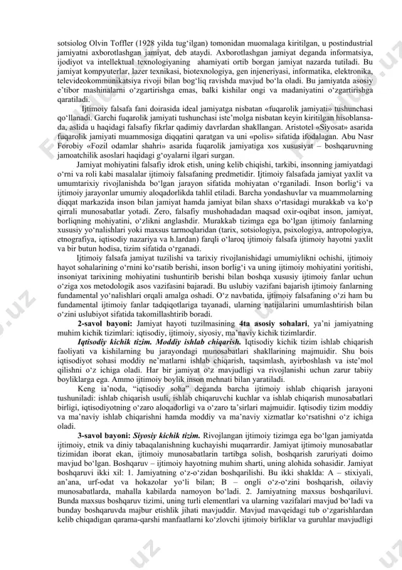 robiy, abu rayhon beruniy, ibn sino singari ulug‘ mutafakkirlar salmoqli hissa qo‘shganlar. ularning ilg‘or qarashlari ko‘p asrlar davomida ijtimoiy munosabatlarni takomillashtirish, komil inson shaxsini shakllantirishda muhim ahamiyatga ega bo‘ldi va hozirgacha o‘z ahamiyatini saqlab kelmoqda. abu nasr forobiy asarlarida jamiyat muammosi falsafiy tahlil qilingan. u platon va aristotel asarlariga tayanib, jamiyatning kelib chiqishi asosida tabiiy ehtiyojlarni qondirish yotadi, degan nazariyani ilgari surgan. tabiiy ehtiyoj kishilarni birlashishga, jamoaga uyushuviga, o‘zaro yordamga olib kelgan. o‘zaro yordam tufayli ehtiyojlar qondirilgan. kishilar o‘rtasidagi o‘zaro yordam jamiyatni keltirib chiqargan. insoniyat jamiyati turli xalqlardan tashkil topgan bo‘lib, ular o‘zaro bir-birlaridan tillari, urf-odatlari, malakalari, xususiyatlari bilan farqlanadilar. butun tarix mobaynida odamlar o‘zlarining atrof muhitga ta’sir ko‘rsatish qobiliyatlarini tinimsiz rivojlantirdilar va takomillashtirdilar. shu tariqa jamiyatning tabiat bilan o‘zaro munosabatlari ham o‘zgarib bordi. bugungi kunda tarix, arxeologiya, geografiya, etnografiya sohasida va boshqa fanlarda mavjud ilmiy ma’lumotlar tabiatga antropogen ta’sir insoniyatning son va sifat jihatidan o‘sishiga mutanosib ravishda tinimsiz kuchayib …
