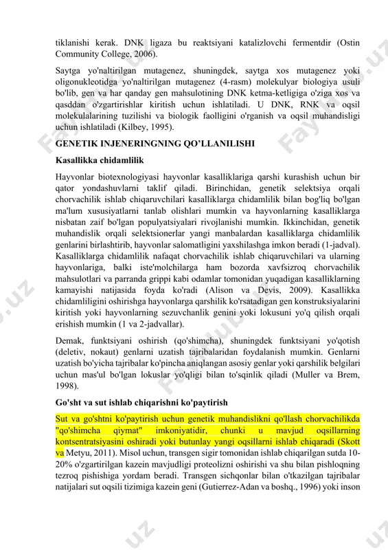 kelib chiqishi bo'lgan plazmidlar) klonlash vektorlari bo'lib, keng tarqalgan bo'lib foydalaniladigan klonlash va sekvensiyalash jarayonlarini soddalashtirish, jumladan dnk ketma-ketligi uchun ichki o'chirishlarni qurish, in vitro va saytga xos mutagenez va rnk transkriptlarini yaratish uchun mo'ljallangan gen xaritalashdir. pbluescript ii fagemidlari 21 ta noyob cheklovchi fermentlarni tanib olish joylariga ega bo'lgan keng polilinkerga ega. polilinkerning yon tomonida rnkni in vitro sintez qilish uchun ishlatilishi mumkin bo'lgan t7 va t3 rnk polimeraza promotorlari mavjud. transkripsiyani boshlash uchun ishlatiladigan promouterni tanlash polilinkerga klonlangan qo'shimchaning qaysi ipi transkripsiya qilinishini aniqlaydi (agilent technologies, 2010). gen quroli gen quroli biolistik (shuningdek, bioballistik deb ataladi) usul deb ataladigan usulning bir qismidir va ma'lum sharoitlarda dnk (yoki rnk) metall atomlari (odatda volfram yoki oltin) kabi biologik inert zarrachalarga yopishib, "yopishqoq" bo'ladi. ushbu dnk-zarrachalar kompleksini qisman vakuumda tezlashtirish va maqsadli to'qimalarni tezlashtirish yo'liga joylashtirish orqali dnk samarali tarzda kiritiladi. qoplanmagan metall zarralari hujayrani o'rab turgan dnkni o'z ichiga olgan …