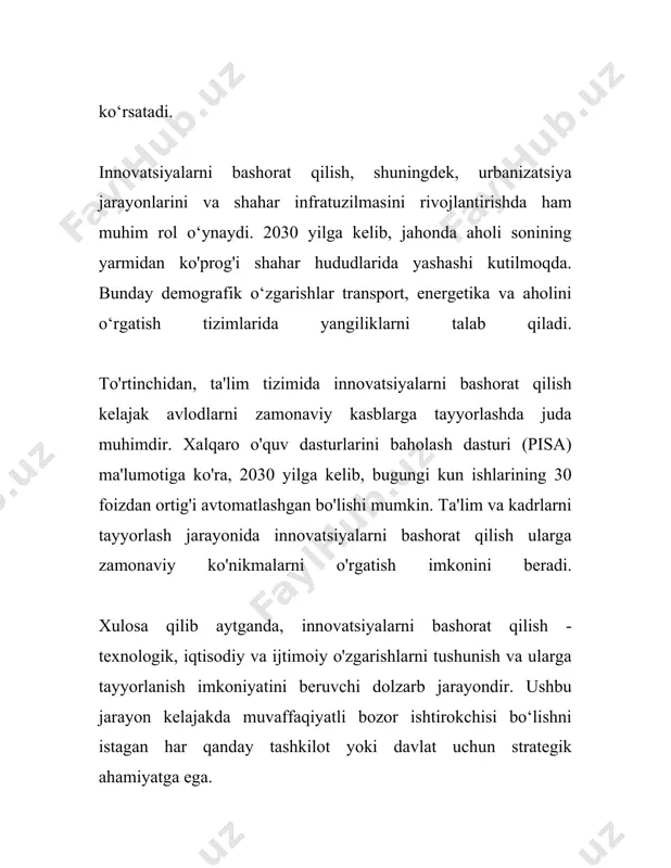 ni samarali joriy etish maqsadida, odatda, bir qator muhim bosqichlar va ko'rsatkichlar hisobga olinadi. bu jarayonda quydagi asosiy bosqichlar ajratib ko'rsatiladi: 1. inovatsiya g'oyasini yaratish va aniqlash: ushbu bosqichda inovatsiya uchun dastlabki g'oyalar va fikrlar ishlab chiqiladi. dunyo miqyosida firmalarning faqatgina 10-15 foizi muntazam ravishda yangi g'oyalar yaratish masalasiga e'tibor qaratadi. iloji bo'lsa, bu bosqichda bozordagi ehtiyoj va talablar aniqlanadi, chunki bozor tadqiqoti natijalariga qarab, g'oyaning qanchalik muvaffaqiyatli bo'lishi taxmin qilinadi. 2. g'oya darajasi: g'oya darajasida 60-80 foiz g'oyalar prototip bosqichiga yetmasdan rad etiladi. bu bosqichda esa texnik imkoniyatlar va iqtisodiy samaradorlik baholanadi. bunda texnik hujjatlar tayyorlanadi, xarajatlar va foyda hisoblanadi. 3. rivojlanish va loyiha amaliyoti: loyiha amaliyotiga o'tishda, joriy etiladigan inovatsiyaning dastlabki sinovlari va prototiplari yaratiladi. kompaniyalarning 30-40 foizi loyiha bosqichida o'zlashtiradigan mablag'laridan qoniqmaydi, chunki bu bosqichda texnik va iqtisodiy muammolar paydo bo'lishi mumkin. 4. bozorga kirish: loyiha muvaffaqiyatli amalga oshirilganidan so'ng, yangi mahsulot yoki xizmat bozorga chiqariladi. statistik …