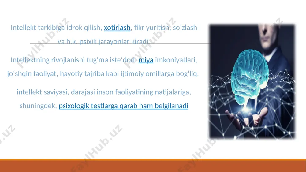 1.hisoblash qobiliyati. 2.og‘zaki verbal ixchamlik (egiluvchan), nutq orqali tez o‘qish. 3.og‘zaki ma’lumotlarni idrok qilish yoki idrok qilingan so‘zlarni tushunish. 4.fazoviy operatsiya qilish yoki chamalash qobiliyati. 5.xotira. 6.fikrlash (munozara)ga qobiliyatlilik. mavzu yuzasidan adabiyotlar ro‘yhati: 1. югай a.x., mираширова н.a. “oбщaя психология” – taшкент 2014 г. с.-282-303. 2. safayev n.s., mirashirova n.a. “umumiy psixologiya nazariyasi va amaliyoti“ tdpu, 2013 y, b.124-137. 3. david g. myers “psychology” hope college holland, michigan 2010 y. p.-327-369. e`tiboringiz uchun tashakkur image2.jpeg image3.jpeg image4.jpeg image5.jpeg image6.jpeg image7.jpeg image8.jpeg image9.png image10.jpeg image11.jpeg image12.jpeg image13.jpeg image14.jpeg image15.png image16.jpeg