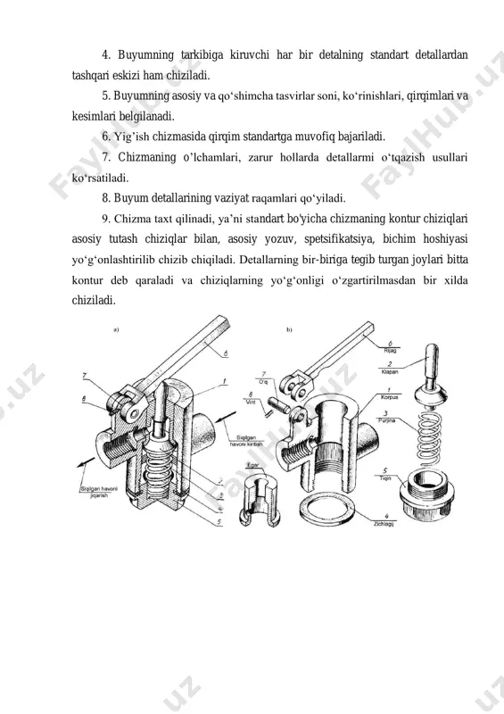g yo‘g‘onligi o‘zgartirilmasdan bir xilda chiziladi. 2.yig’ma chizmalarni o’qish yig’uv chizmani o’qish – demak bajaradigan vazifasi, tuzilishi, unda tasvirlangan birlikni ishlash prinsipi aniqlash. bunda har bir buyumning shakli va biriktirish usuli, o’zaro harakatini aniqlanadi. ishlab chiqarishda yig’ish chizmasi dastgohni, mashinani, asboblarni o’rganganda, shuningdek ularni tamirlaganda, montaj qilganda, hamda ularni yig’ganda o’qiladi. konstruktorlik byurolarida yig’ma birlikni chizmasidan buyumning ish chizmasi bajariladi. o’quv amaliyotida yig’uv chizmani o’qish proeksiyalash chizmachiligini bajarishda olgan bilim va mahoratni mustahkamlaydi. yig’uv chizmani o’qish aniq belgilangan ketma- ketlikda amalga oshiriladi, u beshta etapdan iborat: 1. yig’ma birlik bilan tanishish. asosiy yozuvdan birlikni nomi, tasvirning masshtabi va boshqalar aniqlanadi. tushuntirish xati, ta‘rifi, texnik sharti, buyumning bajaradigan vazifasi uni prinsipial tuzilishi bilan tanishishga imkon beradi. 2. yig’ma tasvirni o’qish. bunda qanday ko’rinishlar, qirqim va kesim chizmada berilganligi va har bir tasvirni bajaradigan vazifasini aniqlanadi. qirqim va kesim bajargan tekislik holatini, agar qo’shimcha va mahalliy ko’rinish bo’lsa tasvirlash yo’nalishi aniqlanadi. 3. …