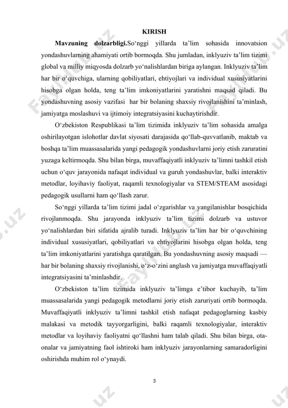 faqiyatga erishish uchun yangicha pedagogik metod va yondashuvlar. bitiruv malakaviy ishining amaliy ahamiyati:ushbu bitiruv malakaviy ishining amaliy ahamiyati shundaki, ish natijalari pedagoglarga inklyuziv ta’lim jarayonida yangi pedagogik yondashuvlarni qo‘llash, individual va guruh yondashuvlarni samarali tashkil etish, shuningdek, o‘quvchilarning bilim, ko‘nikma va ijtimoiy rivojlanishini rag‘batlantirish bo‘yicha tavsiyalar ishlab chiqishda foydalanilishi mumkin. shuningdek, ish ota-onalar, pedagoglar va ta’lim muassasalari rahbarlari uchun inklyuziv ta’limni rivojlantirish va takomillashtirish bo‘yicha amaliy yo‘riqnomalar yaratadi. bitiruv malakaviy ishining tarkibiy tuzilishi va hajmi: iii.bob 8 paragrf 50 sahifa xulosa va foydalanilgan adabiyotlardan tashkil topgan. i.bob.inklyuziv ta’lim kontseptsiyasi va asosiy tamoyillari 1.1. inklyuziv ta’limda yangicha pedagogik yondashuvlarning ilmiy asoslari inklyuziv ta’lim zamonaviy ta’lim tizimining ustuvor yo‘nalishlaridan biri bo‘lib, u har bir o‘quvchining individual xususiyatlari, qobiliyatlari va o‘rganish ehtiyojlarini inobatga olgan holda, teng ta’lim imkoniyatlarini yaratishga qaratilgan. inklyuziv ta’lim kontseptsiyasi farovon jamiyatni shakllantirish, bolalarning ijtimoiy integratsiyasini ta’minlash va ularning shaxsiy rivojlanishini rag‘batlantirishga xizmat qiladi. asosiy tamoyillarga quyidagilar kiradi:individual yondashuv: har …