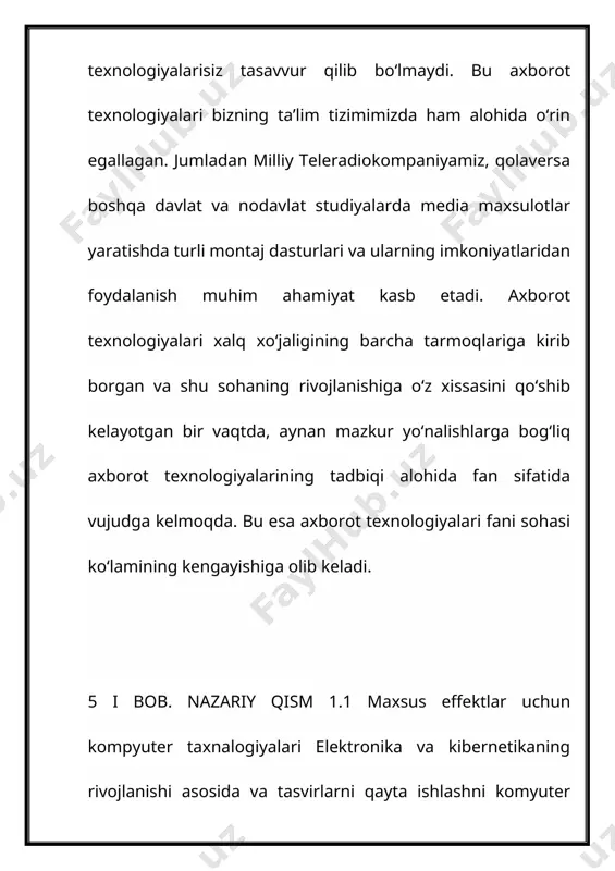 ng juda ham muhim rol o‘ynadi. kompyuterda yaratilgan tasvirlar (cgi) – bu maxsus effektlarga kompyuter grafikasi (yoki aniqrog‘i, 3d kompyuter grafikasi) sohasini qo‘llash. cgi 7 filmlarda, teledasturlar va reklamalarda, bosma nashrlarda ishlatiladi. video o‘yinlar ko‘pincha real vaqtda kompyuter grafikasidan foydalanadi (kamdan-kam hollarda cgi deb ataladi), lekin odatda cgi uchun odatiy bo‘lgan “sahnalar” va kirish filmlarini ham o‘z ichiga olishi mumkin. ular fmv deb ataladi. cgi vizual effektlar uchun ishlatiladi, chunki sifat odatda yuqori va effektlar boshqa jismoniy jarayonlarga qaraganda ko‘proq nazorat qilinadi, masalan, effektli tortishish uchun miniatyuralar yaratish yoki olomon sahnalari uchun qo‘shimchalarni yollash va bunday bo‘lmagan tasvirlarni yaratishga imkon beradi. har qanday boshqa texnologiyadan foydalanish mumkin. bu, shuningdek, bitta rassomga aktyorlar, qimmatbaho to‘plamlar yoki rekvizitlarsiz kontent yaratishga ruxsat berishi mumkin. so‘nggi paytlarda cgi dasturiy ta’minotining mavjudligi va kompyuter tezligining oshishi alohida rassomlar va kichik kompaniyalarga o‘z kompyuterlaridan professional darajadagi filmlar, o‘yinlar va tasviriy san’at ishlab chiqarish imkonini berdi. bu …