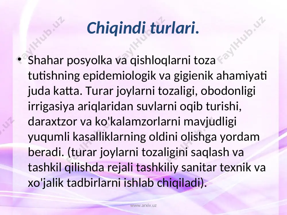 i chiqaradi. hamma chiqindilar mikki guruhga bo'linadi, suyuq va qattiq chiqindilar. ikki guruxga bo'linadigan chiqindi, axlatlarni yo'q qilish uchun har xil tadbirlar qo'llaniladi. www.arxiv.uz www.arxiv.uz suyuq chiqindilar. xojatxonadan chiqadigan najas, siydik. cho'milishda, xona pollari va kirni yuvganda hosil bo'ladigan chiqindi suvlar. xo'jalik, sanoat korxonalari, inshootlar chiqindi suvlari. www.arxiv.uz www.arxiv.uz qattiq chiqindilar: uy chiqindilar axlatlari, ko'cha suprindisi, jamoat ovqatlanish korxonalarining axlatlari, sanoat korxonalari, savdo ob'ektlarining axlatlari, go'ng, hayvonlarni o'lik tanasi, qurilish axlatlari. www.arxiv.uz www.arxiv.uz axlatlarni yig'ish va olib chiqib tashlash. xo'jalik axlatlarini yig'indisi va olib chiqib ketishi turar joylarning sharoitiga qarab alohida-alohida hal qilinishi kerak. axlatlarni yig'ish uchun 12-15 litr xajmdagi qopqoqni yig'ichlardan foydalaniladi. bunday yig'ichlar har sutkada bir marta bo'shatiladi. chiqindi axlatlarni sanitariya, epidimalogik tomonidan xavfligini hisobga olib, ularni axlat toshiydigan mashinalarga ortayotganda, tushirayotganda iloji boricha odamlar ishtirokini kamaytirish kerak. odatda 4-5 qavatli va undan ko'proq qavatli binolarda to'plangan axlatlarni olib chiqib ketishga mo'ljallab har bir uyda yuqoridan pastga o'tadigan …
