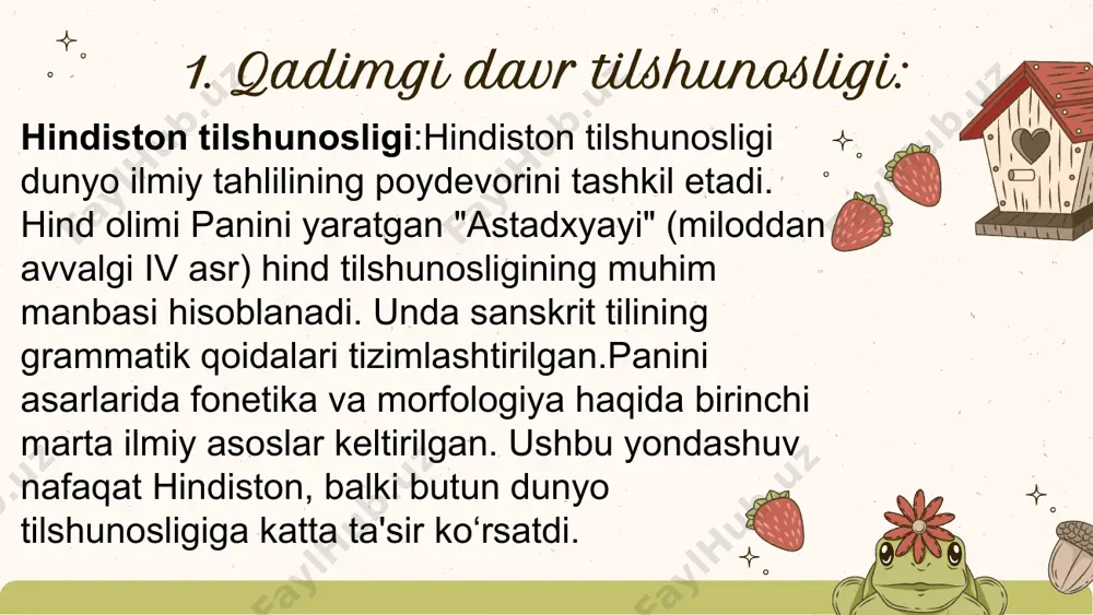ammatikasi tizimlashtirilgan. yangi davr d) tillarning tarixiy-qiyosiy usulda o‘rganilishi boshlangan. tarixiy xronologiya (timeline activity) vazifa: quyidagi voqealarni vaqt bo‘yicha to‘g‘ri tartibda joylashtiring. ferdinand de saussure – strukturaviy tilshunoslikni kiritadi. panini – “astadxyayi”ni yaratadi. tarixiy-qiyosiy usul paydo bo‘ladi. aristotel til birliklarini tasniflaydi. savol-javob (quiz activity) maqsad: talabalar mavzuni qisqacha eslab qoladilar. savollar: panini asarining nomi nima? yunoniston tilshunosligining asosiy yutuqlari nimada? ferdinand de saussure qaysi yondashuvni asoslagan? tarixiy-qiyosiy usul qaysi davrda rivojlandi? tahliliy muhokama (discussion task) vazifa: guruhlarga quyidagi savollarni bering va muhokama qilishlarini so‘rang: tilshunoslikning qaysi davri zamonaviy tilshunoslik rivojiga ko‘proq ta’sir ko‘rsatdi? nima uchun strukturaviy yondashuv tilshunoslikda inqilobiy ahamiyatga ega? alisher navoiy va panini asarlari til rivojiga qanday hissa qo‘shgan? tadqiqot topshirig‘i (research task) vazifa: guruhlarga tilshunoslikning bir davrini belgilang va ulardan qisqa taqdimot tayyorlashni so‘rang. qadimgi hindiston qadimgi yunoniston o‘rta asrlar sharqi xix asr tarixiy-qiyosiy usul kreativ yozuv (creative writing) vazifa: talabalar quyidagi mavzulardan birida 100-150 so‘zdan iborat …