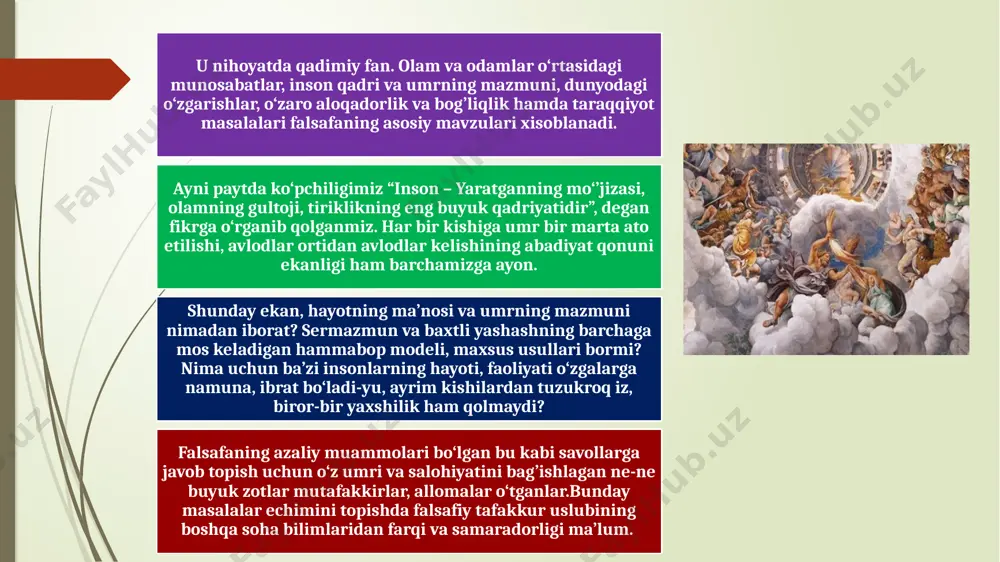 y qadriyatlarga mos, sog’lom dunyoqarashni shakllantirishdan iborat. bunday dunyoqarash biron-bir g’oyani zo‘rlab singdirish yoki quruq yod oldirish orqali emas, balki ishontirish, xilma-xil fikrlarni o‘rtaga tashlash, muhokama qilish, zarur tushuncha, tamoyillarni aniqlash jarayonida shakllanadi va rivojlanadi. «falsafa» va «faylasuf» atamalarining talqini pifogor pifogor “falsafa” atamasiga «filo» - sevaman, «sofiya» - donolik deb ta'rif bergan. «аnjumanga keladigan bir gurux kishilar bellashish, kuch sinashish, ya'ni o`zi va o`zligini namoyon etish uchun; ikkinchi gurux, savdo-sotiq qilish, boyligini ko`paytirish uchun; uchinchisi esa, o`yindan ma'naviy oziq olish, xaqiqatni bilish va aniqlashni maqsad qilib oladi ana shu uchinchi guruhga mansub kishilar – faylasuflar edi. faylasuf –olimpiya o`yinlari misolida tushuntirib beradi. pifagor talqiniga ko‘ra, faylasuflar bu, bir qarashda, oddiy va jo‘n misolga o‘xshaydi. ammo uning ma’nosi nihoyatda teran. chunki, inson umri ham shunday. «dunyo teatrga o‘xshaydi, unga kelgan har bir kishi saxnaga chiqadi va o‘z rolini o‘ynab dunyoni tark etadi», degan fikr bejiz aytilmagan. kimdir bu dunyoga uning …