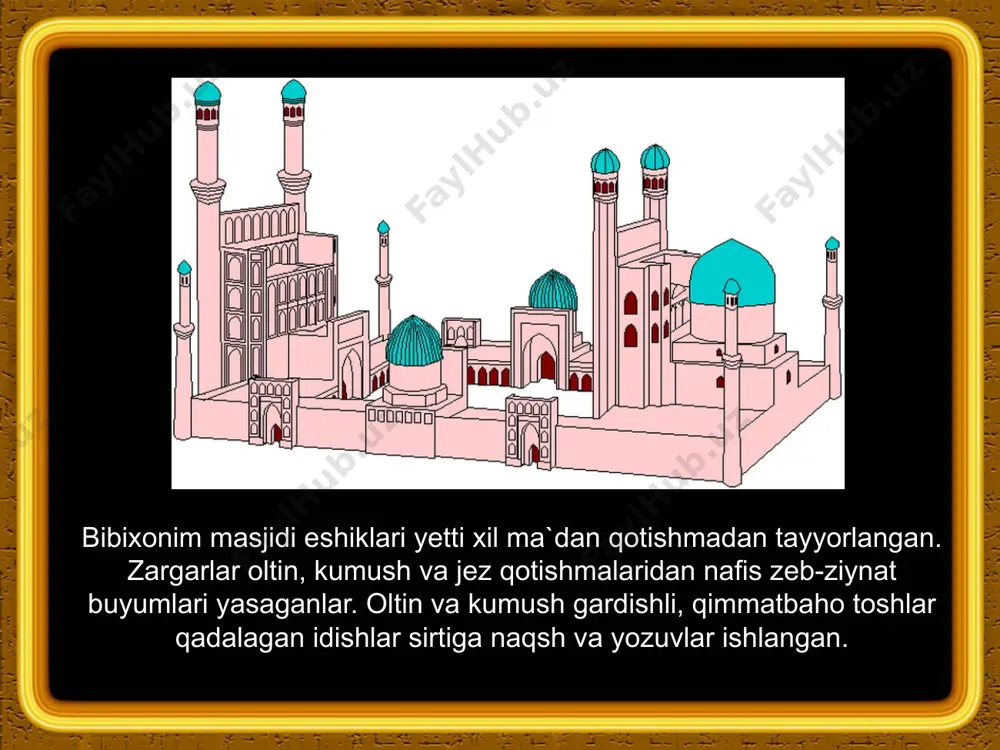iqobda) odamlar orasida turgan holati va me`rojga chiqishlariga oid lavhalar uchraydi. musavvirlar firdavsiy, nizomiy, dehlaviy, so`ngra jomiy va navoiy asarlariga rasmlar ishlagan mirzo ulug`bek davrida samarqandda birinchi akademiyaga asos solindi, yer kurrasini o`lchash va falaqqiyotshunoslik jadvallarini tuzish ishlari amalga oshirildi. samarqand rasadxonasining qurilishi ulkan madaniy voqea bo`lib, jihozi va ilmiy yutuqlari jihatidan unga teng keladigan rasadxona yo`q edi. rasadxonada ulug`bek matematika, geometriya, falaqqiyotshunoslikda chuqur bilimlar sohibi edi. ali qushchi, muhammad хavofiylar uning sevimli shogirdlari bo`lgan. xv asrning ikkinchi yarmi o`zbek adabiyotining eng rivojlangan davri bo`lib, bu yuksalik тemuriy boyqaro va o`zbek adabiyotining porloq quyoshi navoiy nomlari bilan bog`liq. boyqaro hukmronligi davrida adabiyot, san`at va fanning ko`p sohalari rivojiga katta ahamiyat bergan. markaziy osiyoda xi asrdan boshlab yoyila boshlagan tasavvuf ta`limoti bu davrga kelib movarounnaxr va хurosonda tasavvufning yassaviy, kubroviya, qodiriya va ayniqsa naqshbandiya tariqati ma`naviy hayotda katta rol o`ynaydi. naqshbandiya tariqati yusuf hamadoniy g`ijduvoniy va xiv asrga kelib bahovuddin naqshband …