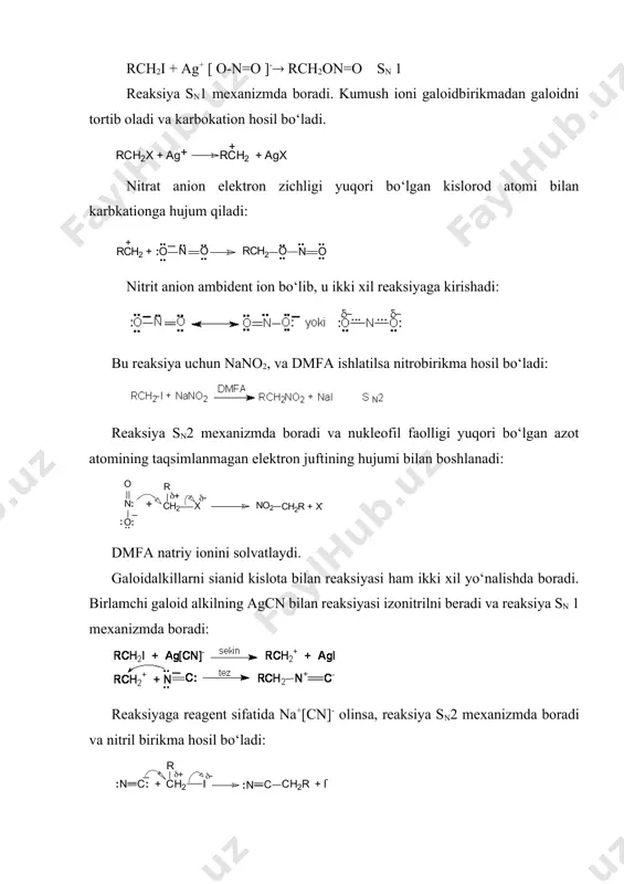 bilan karbkationga hujum qiladi: nitrit anion ambident ion bo‘lib, u ikki xil reaksiyaga kirishadi: bu reaksiya uchun nano2, va dmfa ishlatilsa nitrobirikma hosil bo‘ladi: reaksiya sn2 mexanizmda boradi va nukleofil faolligi yuqori bo‘lgan azot atomining taqsimlanmagan elektron juftining hujumi bilan boshlanadi: dmfa natriy ionini solvatlaydi. galoidalkillarni sianid kislota bilan reaksiyasi ham ikki xil yo‘nalishda boradi. birlamchi galoid alkilning agcn bilan reaksiyasi izonitrilni beradi va reaksiya sn 1 mexanizmda boradi: reaksiyaga reagent sifatida na+[cn]- olinsa, reaksiya sn2 mexanizmda boradi va nitril birikma hosil bo‘ladi: umuman, karbokationlarning barqarorligi va ularning reaksiyaga kirishish qobiliyati quyidagicha o‘zgaradi: metilgalogeniddan uchlamchi galogenid birikmalarga va ulardan benzilgalogenidlarga o‘tgan sari monomolekulyar reaksiyalarning tezligi quyidagicha ortib boradi: ch3x ch3ch2x (ch3)3cx ch2=chch2x c6h5ch2x (c6h5)2chx (c6h5)3cx. umuman, galogenalkanlardan spirtlar, karbon kislotalar va hakozo organik birikmalarning barcha sinflarini olish mumkin. to‘yinmagan galoidbirikmalar. alkenlarning bir yoki bir necha vodorodi o‘rnini galogen olishdan to‘yinmagan galoidbirikmalar hosil bo‘ladi. ular ikki turli bo‘ladi. vinil turidagi va …