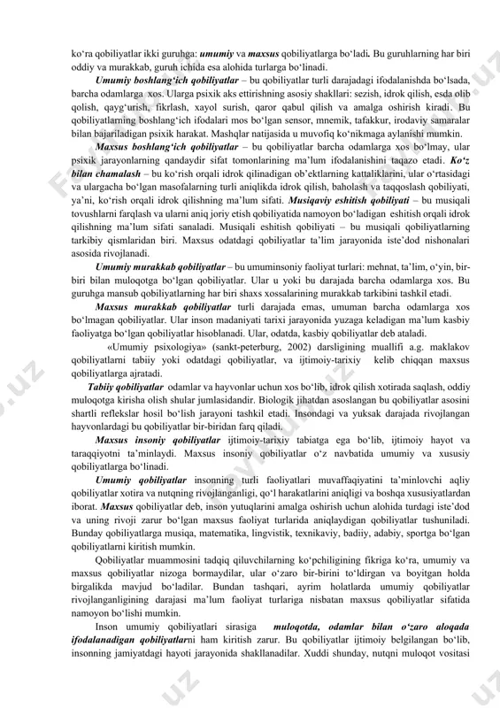 ndaydir sifat xususiyatlari paydo bo‘lishini aniqlashga urinishgan. jumladan, nerv tizimining alohida sezgirligi ma’lum qobiliyat nishonasi sifatida vujudga kelishi mumkin. qobiliyatlar b.m. teplovning fikricha, muntazam rivojlanish jarayonida mavjud bo‘ladilar. shuningdek, ta’kidlab o‘tish lozimki, har bir faoliyatning bajarilish samaradorligi bir xil emas, balki, turli qobiliyatlar uyg‘unligiga bog‘liq. ba’zi qobiliyatlar rivojlanishiga zarur nishonalarning mavjud emasligi, ularning tanqisligi boshqa qobiliyatlarning yuksak darajada rivojlanganligi hisobiga to‘ldirilishi mumkin. rus psixologiyasida qobiliyatlar muammosini o‘rganishda ikki yo‘nalish mavjud. birinchisi – asab tizimi asosiy xossalarining aloqalari va insonning umumiy psixik qobiliyatlarini tadqiq etuvchi psixofiziologik yo‘nalish (e.l. golubeva, v.m. rusalov). boshqa yo‘nalish – qobiliyatlarni individual, o‘yin, o‘quv, mehnat faoliyatida tadqiq qilish (a.n. leontevning faoliyatga yondoshuvidan). bu yo‘nalish faoliyat bo‘yicha qobiliyatlarning rivojlanish aniqlovchilarini o‘rganadi, bunda iste’dod nishonalari ahamiyatga olinmaydi. keyinchalik s.l. rubinshteyn maktabida (a.v. brushlinskiy, k.a. abdulxanova-slavskaya) qobiliyatlar muammosini o‘rganishga o‘zaro kelishuvga asoslangan nuqtai nazar tarkib topdi. bu qarashning tarafdorlari bo‘lgan olimlar, odamda yuzaga keladigan qobiliyatlarni iste’dod nishonalari asosida, faoliyat usullarining …