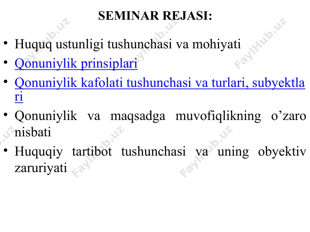 qin etilishi maqsadga muvofiqlikning qonuniylikka qarshi qo’yilmasligi qonuniylikning madaniyat bilan uzviy bog’liqligi qonuniylik kafolati tushunchasi va turlari, subyektlari qonuniylik kafolati – bu qonun va qonunosti hujjatlari amal qilishini ta’minlovchi, fuqarolarning huquqlarini hamda davlat, jamiyat manfaatlarini to’siqlarsiz amalga oshiruvchi usullar, shart-sharoitlaridir qonuniylik kafolati tushunchasi va turlari, subyektlari qonuniylik kafolati turlari: iqtisodiy (jamiyatning iqtisodiy rivojlanish rajasi, mulkchilikning turli shakllari, iqtisodiy erkinlik va h.k) siyosiy (konstitutsiyaviy tuzumning demokratlashtirilish darajasi, jamiyatning siyosiy tizimi, siyosiy plyuralizm, ko’ppartiyaviylik, hokimiyat vakolatlarining bo’linishi) tashkiliy (qonun hujjatlariga amal qilinishini nazorat qiluvchi maxsus organlar, ya’ni sud, ichki ishlar, prokuratura va h.k) qonuniylik kafolati tushunchasi va turlari, subyektlari huquqiy (qonuniylikni amalga oshirish uchun barcha huquqiy normalarni bajarish, huquqbuzarliklarning oldini olish, uni buzgan kishilarga nisbatan tegishli jazo choralarini qo’llash) jamoatchilik (jamoat birlashmalari, siyosiy partiyalar, ommaviy harakatlar va boshqa fuqarolik jamiyati institutlari hamda fuqarolarning qonuniylik va huquq-tartibotni mustahkamlashda ishtirok etishi) qonuniylik va maqsadga muvofiqlikning o’zaro nisbati huquqiy tartibot tushunchasi va uning obyektiv zaruriyati …
