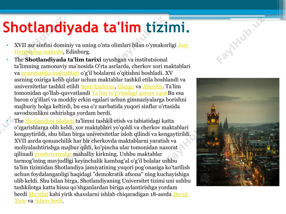 l qilishda asosiy o'quv markazlari va kashshoflarga aylantirdi. 20-asrda shotlandiyaning o'rta ta'limi, ayniqsa, qizlar uchun kengaytirildi, ammo universitetlar sarmoyalash va kengaytirish bo'yicha angliya va evropadagi o'quv yurtlaridan orqada qola boshladi. raqamlar. ta'lim tizimining hukumati tobora ko'proq shotlandiyaga asoslangan bo'lib, 1939 yilda edinburgga ta'lim vazirligining so'nggi ko'chishi amalga oshirildi. shotlandiya ijroiya boshqarmasi ham yaratgan korxona, transport va umrbod ta'lim bo'limi va angliyada amaliyotdan sezilarli farqlar bo'lgan, shu jumladan bekor qilingan talabalar uchun to'lovlar shotlandiya universitetlarida. minorasi sent-salvator kolleji, sent-endryus o'n beshinchi asrda tashkil etilgan uchta universitetdan biri ilk o'rta asrlarda shotlandiya asosan og'zaki jamiyat bo'lgan va ta'lim adabiy emas, og'zaki bo'lgan. o'sha davrdagi irlandiyaning to'liq manbalari shuni taxmin qiladiki filidh, shoir, musiqachi va tarixchi sifatida ish olib borgan, ko'pincha lord yoki podshoh saroyiga qo'shilib, o'zlarining gal tilidagi bilimlarini keyingi avlodga etkazgan.[1][2] xii asrdan boshlab shotlandiya sudi "de-gallitsizatsiya" dan so'ng, unchalik yuqori bo'lmagan tartib bards bu funktsiyalarni o'z zimmalariga oldi va ular …