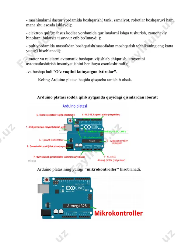 z. buning uchun dasturimizga biroz o'zgartirish kiritishning o'zi kifoya. digitalwrite(7,0); // 7-pindagi svetodiod, o’chirilsin svetodiodni o'chirish dasturi tayyor endi uni arduino mk hotirasiga yuklaymiz(kompilyasiya) qilamiz. to'g'ri yozilgan dasturdan so'ng svetodiod o'chdi. 3 - torshriq. bu safar svetodiodni yoqib-o'chirish amaliyotini bajaramiz. dasturni quyidagicha yozish mumkin. dasturni tekshiramiz unda xatolik yo'q, uni mkga kompilyasiya qilishimiz mumkin. dastur ishga tushdi. qiziq nega svetodiod o'chib yonmayapti? muammo qayerda, ahir dasturda hatolik yo'qku? mikrokontroller juda katta tezlikda ishlaydi. u svetodiodni yoqish buyrug’ni 1 soniyada(sekundda) 4000 martagacha bajaradi. inson ko'zi buni ilg'ashga qodir emas( chunki biz 1 soniyada 48 ta tasvirni ilg'ash me’yor(norma) hisoblanadi. biz svetodiod yonishi yoki o'chish jarayonini kuzatyishimiz uchun quyidagi "kalit so'z" kerak bo'ladi. delay(1000); // ushlab turish yoki buyruq bajarilish vaqti (1 soniya); “delay” – inglizchada tutib turish, ushlab turish ma’nosini kelib, dasturlash tilida vaqt oralig’ida ushlab turishni anglatadi. 1ms(millisekund)= 1sekund/1000 yani soniyaning(soniyaning mingdan biriga teng). 1000 millisekund = 1 sekund 3000 …