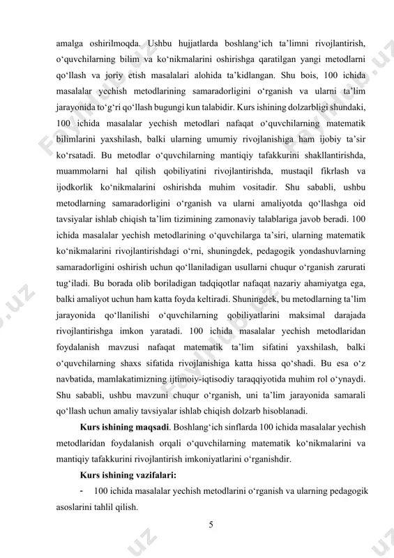 mantiqiy fikrlashini rivojlantirish uchun samarali metodlarni aniqlash. · 100 ichida masalalar yechish metodlarining ta’lim jarayonidagi samaradorligini baholash. · o‘qituvchilar uchun amaliy tavsiyalar ishlab chiqish. kurs ishining predmeti. boshlang‘ich sinflarda 100 ichida masalalar yechish metodlari va ularning o‘quvchilarning matematik ko‘nikmalarini shakllantirishdagi roli hamda ta’lim jarayonidagi qo‘llanilishi. kurs ishining obyekti. boshlang‘ich sinf o‘quvchilarining 100 ichida masalalarni yechish jarayoni va unga ta’sir ko‘rsatadigan pedagogik metodlar. kurs ishining tuzilishi. kirish, 2 bob, xulosa va foydalanilgan adabiyotlardan tashkil topgan. i.bob. 100 ichida masalalar yechishga tayyorgarlik metodikasi 1.1. tayyorgarlik bosqichining ahamiyati boshlang‘ich sinf o‘quvchilarini 100 ichida masalalar yechishga tayyorlash — matematik ta’lim jarayonining eng muhim bosqichlaridan biridir. bu bosqich o‘quvchilarning kelajakdagi matematik ko‘nikma va qobiliyatlarining poydevorini yaratadi. chunki, masalalarni yechish — nafaqat matematikaning o‘zi, balki mantiqiy fikrlash, muammolarni hal qilish, tafakkurni rivojlantirish kabi ko‘plab intellektual jarayonlarni o‘z ichiga oladi. boshlang‘ich sinf o‘quvchilarini 100 ichida masalalarni yechishga tayyorlash jarayonida tayyorgarlik bosqichining vazifalari juda muhim o‘rin tutadi. ushbu …