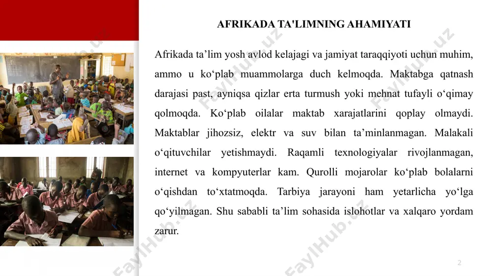liyaviy to‘siqlar, ayniqsa qishloq joylarida, ta’lim olishni yanada qiyinlashtiradi.to‘lovlarning noaniqligi va yuqoriligi bolalar uchun maktabni tark etishga sabab bo‘lmoqda. ko‘plab oilalar o‘z bolalarini o‘qitish uchun zarur bo‘lgan mablag‘ni topa olmaydi, natijada ularning ta’lim olish imkoniyati cheklanadi. bu holat nafaqat ta’limga kirish imkoniyatini, balki bolalar kelajagini ham xavf ostiga qo‘yadi.yuqoridagi muammo butun afrikada keng tarqalgan bo‘lib, ko‘plab davlatlar maktab xarajatlarini kamaytirish va ta’limni yanada imkoniyatli qilish uchun islohotlar o'tkazishga harakat qilmoqda. infratuzilma va resurslar yetishmasligi infratuzilma va resurslar yetishmasligi afrika mamlakatlaridagi maktablarning asosiy muammolaridan biridir. ko‘plab maktablarda elektr energiyasi, toza ichimlik suvi, darsliklar va laboratoriya jihozlari yetishmaydi. bu holat o‘quvchilarning ta’lim olish jarayonini qiyinlashtiradi, chunki o‘quvchilar to‘g‘ri sharoitda o‘qib, bilim olishda imkoniyatlarga ega bo‘lmaydi.elektr energiyasi yo‘qligi, darslarni samarali o‘tkazish uchun zarur bo‘lgan asbob-uskunalarning yetishmasligi va darsliklarning kamligi ta’lim sifatiga jiddiy ta’sir ko‘rsatadi. bu esa o‘quvchilarni ilmiy va texnologik sohalarda raqobat qila olishdan mahrum qiladi.shuningdek, infratuzilmaning sustligi o‘quvchilarning sog‘lig‘iga ham salbiy ta’sir …