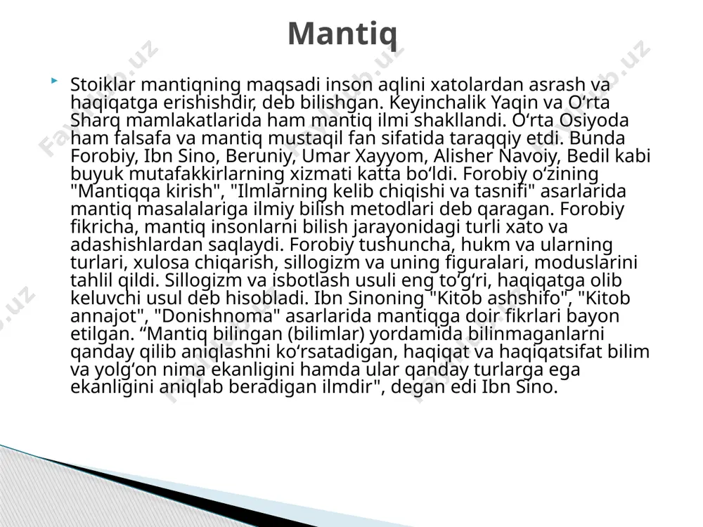 rtasidagi obʼyektiv munosabat toʻgʻri fikrlash jarayonida inson miyasida bir fikr bir vaqtning oʻzida ikki maʼnoda ishlatilmasligini taqozo qiladi. bu toʻgʻri fikrlash va chin muhokamalarning ajralmas xossalaridan biridir. ziddiyat qonuni tafakkur rivojida qaramaqarshi fikrlar toʻqnashuvini inkor etmasdan, bir vaqtning oʻzida bir predmet haqida ikki zid fikrga yoʻl qoʻymaslikni talab qiladi, yaʼni vaqt, predmet, nisbat jihatdan birlikni nazarda tutadi. masalan, yomgʻirni umuman zararli yoki foydali deb boʻlmaydi, u maʼlum davrda maʼlum oʻsimliklar uchun zararli, boshqa bir davrda foydali boʻlishi mumkin. ziddiyat qonunining buzilishi tafakkurda chalkashliklarga va notoʻgʻri xulosalarga olib keladi. yetarli asos qonuni har bir fikrning asosli, isbotlangan boʻlishi, boshqa fikrlar bilan zaruriy bogʻliqligi haqidagi mantiqiy qonun. unda qar qanday chin fikr asoslangan boʻlmogʻi, yaʼni uning chinligi boshqa chin fikr bilan asoslangan, undan mantiqiy kelib chiqqan, u bilan isbotlangan boʻlishi lozim. aks holda fikrdagi izchillik, mantiqiy tartib buziladi. yetarli asos qonuni obʼyektiv munosabatlarni, xususan, borliqdagi sababiy bogʻlanishlarni aks ettirish asosida shakllangandir. masalan, …