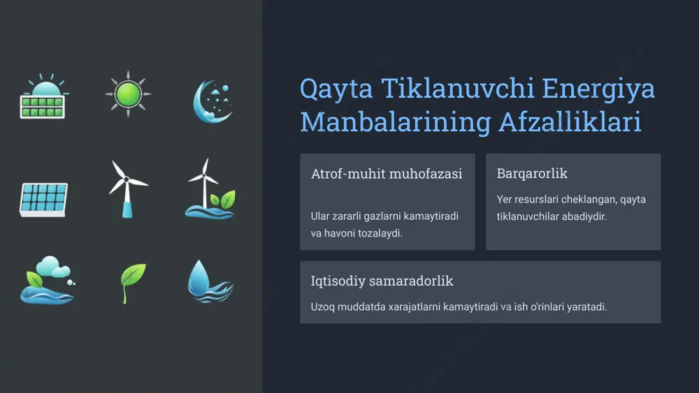 6 biogaz texnologiyalarini joriy etishdagi muammolar va yechimlar muammolar yechimlar 1. moliyaviy mablag‘ yetishmasligi – qurilish va uskunalar xarajati yuqori. 2. texnologik bilim yetishmasligi – mutaxassislar va foydalanuvchilarda yetarli tajriba yo‘q. 3. xomashyo bazasining barqaror emasligi – chiqindilar doimiy ravishda to‘planmasligi. 4. qonunchilik va davlat yordami zaifligi – rag‘batlantirish tizimi yetarli emas. 5. aholi xabardorligining pastligi – biogaz foydasi haqida yetarli tushuncha yo‘q. 1. davlat subsidiyalari va kreditlar – loyiha uchun moliyaviy yordam ko‘rsatish. 2. mutaxassislar tayyorlash va treninglar o‘tkazish – texnologiyani to‘g‘ri tushunish va qo‘llash uchun. 3. chiqindi yig‘ish tizimini yo‘lga qo‘yish – doimiy xomashyo manbasini ta’minlash. 4. qonunchilikni takomillashtirish – ekologik toza energiya ishlab chiqaruvchilarga imtiyozlar berish. 5. axborot-targ‘ibot ishlari – aholini biogaz texnologiyasi afzalliklari bilan tanishtirish. 7 xulosa va kelajak rejalari biogaz texnologiyasi – ekologik toza, iqtisodiy foydali va barqaror energiya manbai bo‘lib, ayniqsa qishloq xo‘jaligi va energiya ta’minotida katta ahamiyatga ega. uni joriy etish chiqindilarni kamaytiradi, …