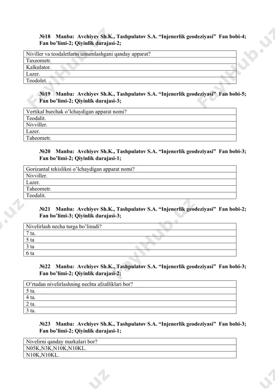 tekisligidagi chizmasi nima deyiladi? bo’ylama kesim. ko’ndalang kesim. trapessiya. shovun. №26 manba: avchiyev sh.k., tashpulatov s.a. “injenerlik geodeziyasi” fan bobi-2; fan bo’limi-2; qiyinlik darajasi-1; qiyalik o’zgarishi bo’ylama kesimining keskin sinishini yumshatishda nimadan foydalanadi? vertikal botiq qabariq egrilardan. vertikal botiq, qiyalik va qabariq egrilardan. vertikal nishablik, botiq qabariq egrilardan. vertikal burilish, botiq qabariq egrilardan. № -27 manba: avchiyev sh.k., tashpulatov s.a. “injenerlik geodeziyasi” fan bobi-4; fan bo’limi-1; qiyinlik darajasi-3; yo’l yuzasidagi transport oqimiga mo’ljallangan tasmasi nima deb qabul qilingan? yo’lning xarakat qismi. yo’lning xarakat jadalligi. yo’lning toifasi. yo’lning turi. №28 manba: avchiyev sh.k., tashpulatov s.a. “injenerlik geodeziyasi” fan bobi-2; fan bo’limi-3; qiyinlik darajasi-4; dala ishlariga tayyorgarlik necha masshtabli topografik xaritada avtomobil yo’lining trassa varianti o’tkaziladi? 1:25000-1:10000. 1:20000-1:10000. 1:2000-1:1000. 1:200-1:100. № 29manba: avchiyev sh.k., tashpulatov s.a. “injenerlik geodeziyasi” fan bobi-3; fan bo’limi-2; qiyinlik darajasi-1; loyiha bosqichiga ko’ra turli trassa variantlari trassaning ko’rsatkichlari nmalar bo’yicha solishtiriladi? trassaning uzunligi, tuproq ishlarining hajmi, gorizontal va …