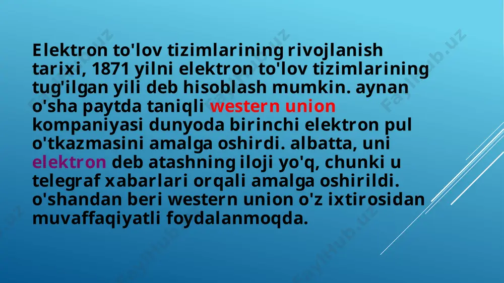 axsini tasdiqlovchi pin kod yordamida xaridlarni amalga oshirish, pulni olish va hisobni to'ldirish mumkin. shuningdek, kartalar shaxsiylashtirilishi va internetda xavfsiz xarid qilish uchun maxsus raqamli kodlarga ega bo'lishi mumkin. mastercard mastercard tizimi ham amerika kompaniyasidir mastercard kartalari ro'yxatdan o'tgan va anonim, kabartmali va silliq bo'lishi mumkin. to'lov tizimlari "to'lov markazi" va "corn" kartasi kabi yirik bank gigantlari bilan ham, nobank kredit tashkilotlari bilan ham hamkorlik qiladi. “ ” internet elektron to'lov tizimlari elektron pullar elektron to'lov tizimlari (ept) tomonidan chiqariladi. bular virtual banknotalarni chiqaradigan, ularning muomalasi uchun texnologiyalarni ishlab chiqadigan va joriy qiladigan, shuningdek ularning elektron valyutalari bilan barcha operatsiyalarni ta'minlaydigan kompaniyalar. ko'pincha elektron to'lov tizimlari eng katta internet-korporatsiyalarning bir qismidir, ularning faoliyat yo'nalishlaridan biri hisoblanadi (masalan, yandex.money, eng katta ijtimoiy tarmoqlarning valyutalari va boshqalar). eng mashhur elektron to'lov tizimi chet mamlakatlarda quyidagilar ko'rib chiqiladi: advcash qiwi zo'r pul to'lovchi bitcoin e‘tiboringiz uchun rahmat. image1.jpg image2.png image3.jpeg image4.jpeg image5.jpeg image6.jpeg …