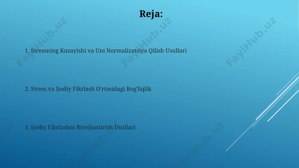 ortig'i noaniq maqsadlar va etarli rejalashtirishsiz amalga oshiriladi, bu esa samaradorlikni sezilarli darajada pasaytiradi. kuchli tomonlarni aniqlash va zaif tomonlarni bartaraf etish strategiyasini ishlab chiqish, miya hujumi samaradorligini 25% ga oshirishi mumkin. stressning ta'siri stressning ta'siri insonning kognitiv funksiyalarini, xususan, xotira va e'tiborni sezilarli darajada pasaytirishi mumkin, bu esa ish unumdorligini 20-30% ga kamaytiradi. stress ta'sirida yurak-qon tomir tizimi faoliyati buziladi, qon bosimi ko'tariladi va yurak urishi tezlashadi, bu esa yurak-qon tomir kasalliklari xavfini 30% gacha oshiradi. stressni aniqlash usullari stressni aniqlashda sub'ektiv his-tuyg'ular va jismoniy alomatlar (uyqusizlik, bosh og'rig'i)ni hisobga olish kerak; kamida 3 ta alomatning bir vaqtda namoyon bo'lishi stressning yuqori darajasidan dalolat beradi. fiziologik ko'rsatkichlar, masalan, yurak urishi tezligi, qon bosimi va teri elektr o'tkazuvchanligi, stress darajasini aniqlashda ishlatilishi mumkin; 3 dan ortiq ko'rsatkichni birlashtirib tahlil qilish aniqlikni oshiradi. xulosa va tavsiyalar ijtimoiy tarmoqlardan foydalanish vaqti 2 soatdan oshmasligi kerak, chunki bu stress darajasiga salbiy ta'sir ko‘rsatishi …