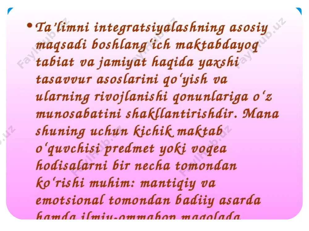 0) o’quvchilarga muammolarni, uning tashkil qiluvchi elementlarini shakllantirishni o’rgatishni, izlanishning bosh maqsadini ajrata bilishni , turli-tuman xarakterdagi masalalar echimining o’xshashlarini qidirishni o’rgatish muammoli ta`lim jarayoni uchun muhimligini ta`kidlaydi. o’qituvchi muammoni qo’yishnigina bilibgina qolmay uning echimini topish usullarini o’quvchilarga o’rgatishi kerak. e’tiboringiz uchun rahmat image2.jpeg image3.jpeg image4.jpeg image5.jpeg image6.jpeg image7.jpeg /docprops/thumbnail.jpeg