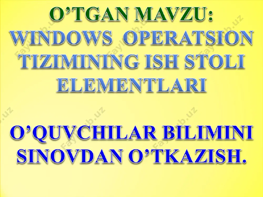 asturlarni ishga tushirish va ular ishlash holatlarini ta’minlash. windows operatsion tizimining asosiy ob’yekti – oynadir. oynaning bir necha turlari mavjud: jildlar (papkalar) oynasi, muloqot oynasi, ilovalar oynasi, ma’lumotlar tizimi oynasi. jisldlar oynasi: hujjatlar va ilovalarni izlash, tanlash va yuklash uchun ishlatiladi. jildlar oynasi windows ning boshqa ob’yektlari znachoklari va oynani boshqarish elementlarini o’z ichiga oladi. ilovalar oynasi: asosan hujjatlar bilan ishlashda qo’llaniladi. bu oynalarga hujjat sifatida yuklatilgan axborotni va ilovalarni boshqarish elementlarini o’z ichiga oladi. muloqot oynasi: faqat boshqarish elementlarini o’z ichiga olishi bilan boshqa oynalardan farq qiladi. ular yordamida operatsion tizim va uning ilovalarini boshqarish mumkin. ma’lumotlar tizimi oynasi: operatsion tizim va ilovalar ishi haqidagi ma’lumotlarni o’z ichiga oladi. oynalar haqida tushuncha sarlavha satri menyular satri uskunalar paneli ishchi soha gorizontal va vertikal surg’uchlar oynaning chegaralari oynaning maxsus tugmalari haqida: sarlavha satri dastur belgisi dastur nomi dastur ning maxsus tugmalari svernut (yig’ib olish yoki kichiklashtirish) – oynaga mos tugma …