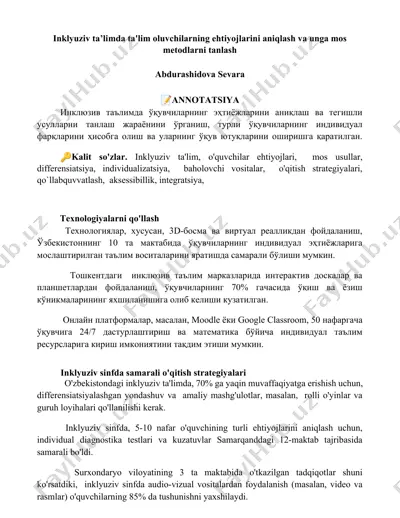 inklyuziv ta’limda o‘quvchilarning ehtiyojlarini aniqlash va mos metodlarni tanlash — DOCX