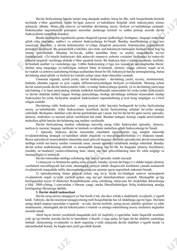 almashishi, barham topishi, ya’ni davlatchilik shakllanishi va evolyutsiyasining uzoq tarixiy jarayonini yanada chuqurroq o‘rganish imkonini beradi. ayni davlatchilik tushunchasi jamiyatning davlat bo‘lib uyushganligiga, mazkur jamiyat o‘zining davlat bilan hamohang tarixiy rivojlanishida bosib o‘tadigan turli bosqichlarga, va eng asosiysi, davlat bajaradigan turli funksiyalarga izoh beradi. boshqacha aytganda, faqatgina statik va dinamik tavsif umumiy holda davlat kabi murakkab ijtimoiy institutning tabiatini chuqur anglashga imkon yaratadi. davlat funksiyalari quyidagi umumiy jihatlar bilan ta’riflanadi: 1. davlat har bir funksiyasining mazmuni bir yo‘nalishdagi davlat faoliyatidan tarkib topadi. davlat faoliyatining o‘xshash tomonlari ular qaysi ijtimoiy munosabatlarga daxldor bo‘lsa, ana shu munosabatlarning xususiyatidan kelib chiqqan holda bitta funksiyaga birlashtiriladi. 2. muayyan faoliyat uchun maxsus tuzilgan ko‘p sonli davlat organlarining (masalan, moliya vazirligi, xalq ta’limi vazirligi, prokuratura organlarining) funksiyalaridan farqli o‘laroq, davlat funksiyalari uning faoliyatini butunlay qamrab oladi. biroq, bu hol muayyan davlat funksiyalarini amalga oshiruvchi ayrim organlarning ahamiyatini kamaytirmaydi, chunki mazkur organlar ba’zida davlatning asosiy vazifalarini hal …