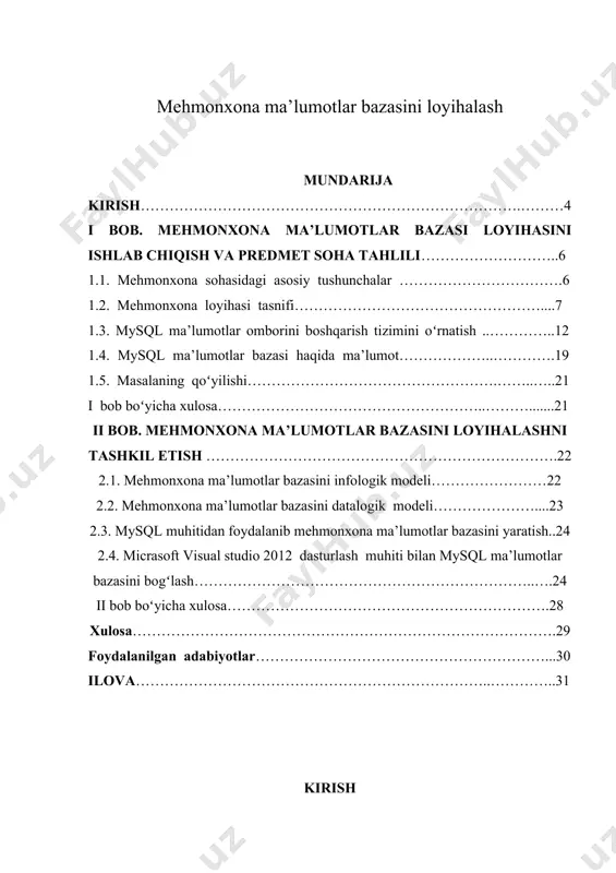 yoʻnalishdagi ishlar hozir ham davom etmoqda. hozirgi sharoitda turizm sohasida raqobat muhiti mavjud boʻlib, bozor munosabatlarining murakkabligiga qaramay, oʻzbekistonda qator turistik firmalar va mehmonxonalar tashkil etilmoqda, lekin ularning koʻpchiligi ma’lum vaqtdan soʻng raqobatga dosh berolmay turizm bozoridan chiqib ketmoqda. statistik ma’lumotlarga koʻra, respublikada 2010 yilda 374 ta mehmonxona faoliyat koʻrsatgan boʻlsa, 2011 yilga kelib ularning soni 254 tani tashkil qilgan, shuningdek turistik firmalar soning kamayishi ham bu xolni tasdiqlaydi. ma’lumki, turizm sohasida mehmonxona xizmatlari alohida oʻrin egallaydi. mehmonxonalarda taklif etiladigan xizmatlar assortimenti va sifatini oshirish, uning raqobatbardoshligini ta’minlash turizm sohasining dolzarb muammolaridan biridir. mavzu dolzarbligi. mehmonxona tarmoqlari ma’lumotlar bazasini ishlab chiqib koʻplab muammolarni xal qilish mumkin. masalan: · barcha ma’lumotlar elektron tarzda boʻladi · mehmonxonalarning ma’lumotlar bazasi, ma’lumot saqlanishi va oʻzgartirishlarning barchasi elektron tarzda boʻladi · avtomatlashtirish tizim yaratilgandan keyin xarajatlar kamayadi · ish jarayoni qulaylashadi bu kabi ishlar hozirgi kunda yurtimizning barcha joylarida, barcha sohalarida amalga oshirilayotganligi bizni yanada …