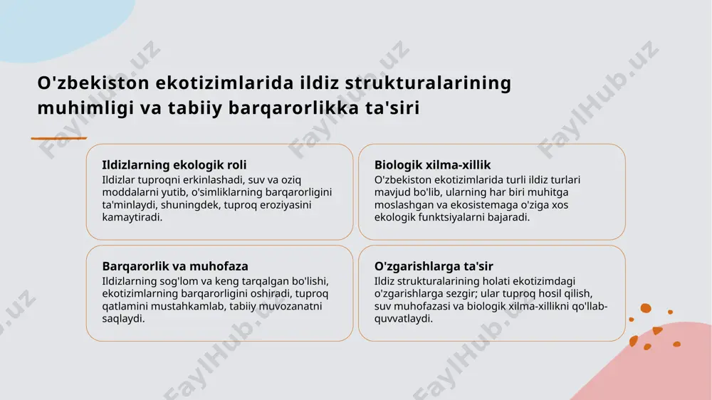 i. toshkent: fan va texnologiya nashriyoti. 4. yuldashev, s. a. (2017). o'simliklarning yer osti ildiz tizimining biologik xilma-xilligi. o'zbekiston botanika jurnali, 15(4), 98-105. 5. rahimov, b. s. (2021). fitotsenozning yer ostki qismi va uni o'rganish muhimligi. o'zbekiston ekologiya va tabiatni muhofaza qilish, 60(1), 67-74. e'tiboringiz uchun rahmat! /docprops/thumbnail.jpeg