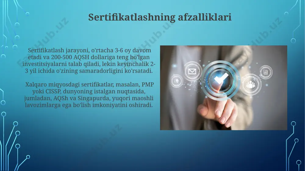 halari muvaffaqiyatli sertifikatlash, masalan, it sohasidagi ccna sertifikati, ishga joylashish imkoniyatlarini sezilarli darajada oshiradi va 20% ga yaqin oylik maosh o'sishini ta'minlaydi, bu esa butun dunyo bo'yicha qo'llaniladi. sertifikatlash jarayoni odatda 3 ta asosiy bosqichdan iborat: ariza berish, imtihon topshirish va 500 aqsh dollari miqdoridagi to'lovni amalga oshirish, natijalar esa 2 hafta ichida toshkentda e'lon qilinadi. akkreditatsiya va sertifikatlash o'rtasidagi farq akkreditatsiya, masalan, iso 9001 standartiga muvofiqligi bo'yicha tashkilotlarni baholashni o'z ichiga oladi, sertifikatlash esa ma'lum bir mahsulot yoki xizmatning standartlarga muvofiqligini tasdiqlaydi va aqshda keng qo'llaniladi. akkreditatsiya jarayoni, o'rtacha 3-6 oy davom etadi va tashkilotning yutuqlarini tasdiqlaydi, sertifikatlash esa mahsulot sifatini kafolatlaydi va buyuk britaniyada keng tarqalgan. sertifikatlashning iqtisodiy jihatlari malakali mutaxassislarga sertifikat berish orqali, kompaniyalar ish samaradorligini 25% ga oshirib, o'zining xodimlarini 10% yuqori maosh bilan taqdirlay oladi, bu esa toshkent kabi yirik shaharlarda ayniqsa sezilarli. sertifikatlash jarayoni korxonalarga 2023-yilda o'rtacha 15% gacha xarajatlarni tejashga, shuningdek, xalqaro bozorlarda …
