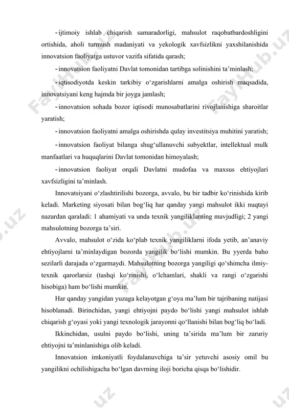 fiyot, g‘oya hisoblanib, ular tashabbuslarni tatbiq etish yevaziga birlamchi ustunlikka yega bo‘ladi. ikkinchidan, qayta tatbiq yetilayotgan kashfiyot, nou-xau, g‘oya va yangilik bo‘lib, ular jahonda yangilik hisoblanmaydi. birinchi darajali innovatsiya barcha korxonalarda tatbiq yetilmasada, lekin ikkinchi darajali innovatsiyalar raqobatda saqlanib qolishni xohlagan barcha korxonalarga tatbiq yetilishi maqsadga muvofiq bo‘ladi. shu boisdan ham barcha korxona va tashkilotlarda innovatsiyani boshqarish muammolari dolzarb hisoblanadi. ushbu muammolar korxona ichida o‘z-o‘zidan yuzaga kelmaganligi sababli u, o‘z navbatida, korxonalarda innovatsiyani boshqarish tizimini shaklantirilishini talab qiladi. inqiroz holatlarida yuzaga keladigan muammolar davriy ravishda yangilanib turishi mumkin. faqat innovator – korxonalardagina doimo istiqbolli faoliyat bo‘lishi mumkin, chunki ular tashqi va ichki muhitning har qanday o‘zgarishlarga tez moslasha oladi. yeski usul bilan ishlayotgan korxonalar faoliyatida doimiy ravishda o‘zgarishlarga o‘rin yo‘q. inqiroz, jumladan, tez o‘zgaruvchan har qanday sharoit zudlik bilan tadbirlarni amalga oshirishni, ya’ni yangi operativ sxemalarni ishlab chiqishni taqozo etadi. shu sababli inqiroz davrida innovatsiyaga talabni ortishi ham bejiz emas. …