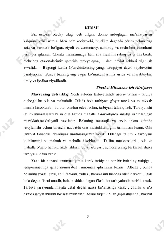 lim, tarbiyani talab qiladi. tarbiya ishi ta‘lim muassasalari bilan oila hamda mahalla hamkorligida amalga oshiriladigan murakkab,mas‘uliyatli vazifadir. bolaning mustaqil va erkin inson sifatida rivojlanishi uchun birinchi navbatda oila mustahkamligini ta'minlash lozim. oila jamiyat tayanchi ekanligini unutmasligimiz kerak. oiladagi ta‘lim - tarbiyani to‘ldiruvchi bu maktab va mahalla hisoblanadi. ta‘lim muassasalari , oila va mahalla o‘zaro hamkorlikda ishlashi bola tarbiyasi, ayniqsa uning barkamol shaxs tarbiyasi uchun zarur. yana bir narsani unutmasligimiz kerak tarbiyada har bir bolaning xulqiga , temperamentiga qarab munosabat , muomala qilishimiz lozim . albatta , bunda bolaning yoshi , jinsi, aqli, farosati, xullas , hammasini hisobga olish darkor. u hali bola degan fikrni unutib, bola boshidan degan fikr bilan tarbiyalanib borishi kerak. tarbiya jarayonida mayda detal degan narsa bo‘lmasligi kerak , chunki u o‘z o'rnida g'oyat muhim bo'lishi mumkin." bolani faqat u bilan gaplashganda , nasihat qilganda yoki unga biror narsa buyurgandagina tarbiyalayman deb o‘ylamang. siz bolani turmushingizning har …