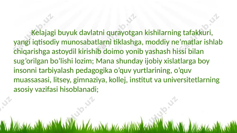 alga oshirish dasturini ishlab chiqadi; katta yoshdagilar pedagogikasida oliy o’quv yurti shart-sharoitlarida yoshlarni tarbiyalashning nazariy masalalari va metodikasini ishlab chiqadigan pedagogika tarmog’i sifatida oliy o’quv yurti pedagogikasining shakllanayotganligi, uning aniqlashib borayotganligi ko’zga tashlanadi; milliy armiyamiz uchun mutaxassislar tayyorlaydigan harbiy o’quv yurtlarida yoshlarga ta’lim berish hamda tarbiyalash muammolari bilan harbiy pedagogika sohasi shug’ullanadi; bulardan tashqari oila pedagogikasi bugungi kundagi dolzarb vazifalardan birini tashkil etib, oilalarda, oila markazlarida, mahallalarda, jamoat tashkilotlarida, oila-nikoh muassasalarida amalga oshirilayotgan tadbirlarda namoyon bo’ladi; shokirov ismoiljon surdopedagogika kar va gung tarbiyalanuvchilar ta’lim-tarbiyasi masalalari bilan tiflopedagogika ko’zi ojiztarbiyalanuvchilar ta’lim-tarbiyasi bilan oligofrenopedagogika aqli ojizlar ta’lim- tarbiyasi bilan shug’ullanadi tarbiya-o’sib kelayotgan avlodda hosil qilingan bilimlar asosida aqliy kamolot – dunyoqarashni, insoniy e’tiqod, burch va ma’suliyatni, jamiyatimiz kishilariga xos bo’lgan axloqiy fazilatlarni yaratishdagi maqsadni ifodalaydi; tarbiya bola tug’ilgandan boshlab umrining oxirigacha oilada, maktabda va jamoatchilik ta’sirida shakllanib boradigan jarayondir; ta’lim – maxsus tayyorlangan kishilar rahbarligida o’tkaziladigan, o’quvchilarni bilim, ko’nikma va malakalar bilan …