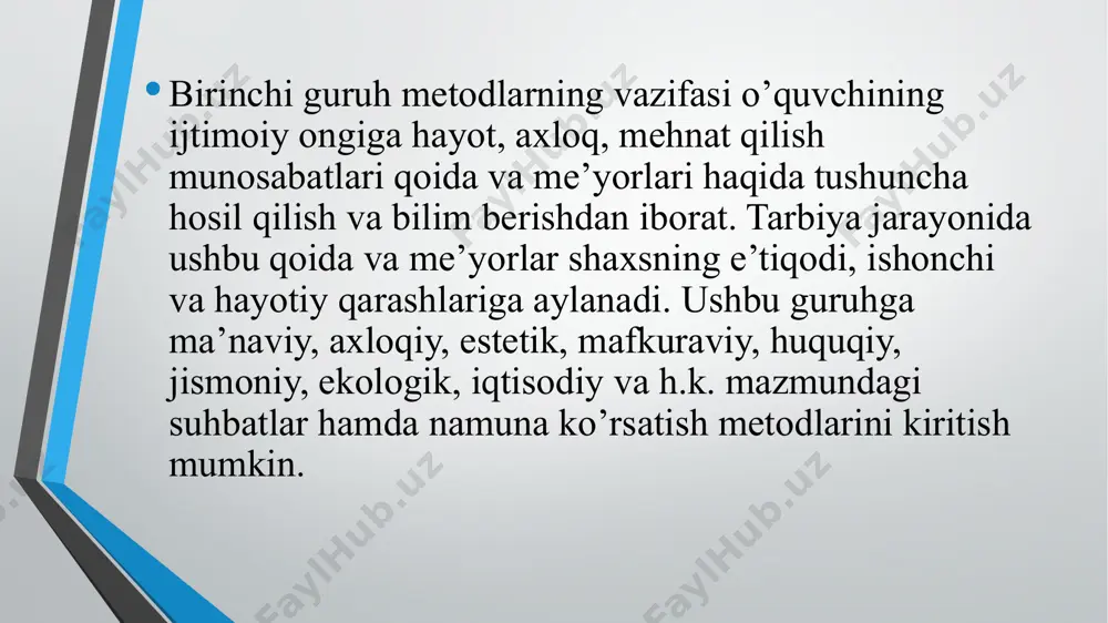 o’lgan ijtimoiy xulq-atvor me’yorlari. pedagogik talab tarbiyaning eng muhim usullaridan biridir. pedagogik talab ma’lum harakatlarni rag’batlantiruvchi yoki to’xtatuvchi hamda o’quvchini oqilona harakatlarni bajarishga undovchi xarakterga ega bo’lishi mumkin.. rag’batlantirish tarbiyalanuvchining xatti-harakati va faoliyatiga ijobiy baho berish asosida unga ishonch bildirish, ko’ngilini ko’tarish va uni qo’llab-quvvatlash usulidir. o’qituvchi har bir o’quvchi shaxsida ro’y berayotgan ijobiy o’zgarishlarni anglash olishi zarur. jazolash tarbiyalanuvchining xatti-harakati va faoliyatiga salbiy baho berishdir. jazo ham o’quvchining individual xatti-harakatlari va umumjamoaning faoliyati uchun qo’llaniladigan eng so’nggi tarbiya usuli. jazo choralarini qo’llashda jismoniy jazo, urish, kaltaklash kabi usullardan foydlanish mumkin emas ogohlantirish – sodir etilishi mumkin bo’lgan muayyan xatti-harakatlarning oldini olish maqsadida qo’llaniladi. hayfsan berish – o’quvchining ma’lum xatti-harakatlarini qat’iy choralar asosida baholash. agar tanbeh va ogohlantirish kutilgan natijani bermasa, o’quvchi belgilangan intizomni buzaversa, uning aybi qay darajada bo’lishi va intizomni qanday sharoitda buzganligini inobatga olib unga hayfsan e’lon qilish mumkin. uyaltirish - o’quvchining ma’lum xatti-harakatlariga jamoa yoki uning …