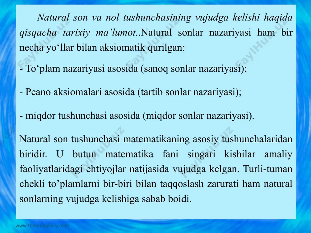 k+1uchun a(n) predikatning rostligi, ya’ni a(k)⇒a(k + 1) isbotlanadi. shundan so’ng, a(n) predikat n ning barcha qiymatlarida rost deb umumiy xulosa chiqariladi. www.themegallery.com www.themegallery.com savol va topshiriqlar 1.569•371 + 170•569 + 569•459 = 569•371 + 569•170 + 569•459 = 569•(371 + 170 + 459) = 569•[(371 + 459) + 170] = 569 • (830 + 170) = 569 • 1000 = 569000 ni hisoblashda qo‘shish va ko‘paytirishning qanday qonunlaridan foydalanilganini ko‘rsating. 2.32 + 46 = (30 + 2) + (40 + 6) = (30 + 40) + (2 + 6) = 70 + 8 = 78 ning yechilishini tushuntiring. 3.23 • 4 = (20 + 3) • 4 = 20 • 4 + 3 • 4 = 80 + 12 = 92 ning yechilishini tushuntiring. www.themegallery.com www.themegallery.com www.themegallery.com