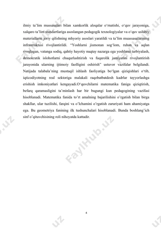 nda boshlang’ich sinf o’qituvchisining roli nihoyatda kattadir. i.bob.boshlang’ich sinflarda geometrik materialni o’qitishning nazariy asoslari. 1.1.geometrik materialni o’qitishning maqsad va vazifalari. geometrik materialni o'qitishning asosiy maqsadi va vazifalari matematika darslarida matematik geometriya bo'yicha talabalar uchun qo'llanma va ko'nikmalar berishdir. bu darslar orqali, talabalar geometrik shakllarni va ulardan kelib chiqadigan muammolarini tushunish, tahlil qilish va hal qilishni o'rganishlari maqsad qilinadi. quyidagi vazifalarga e'tibor beriladi:geometrik material, talabalarga geometrik shakllarni tushunish va aniqlashni o'rganish imkonini beradi. ular qo'llanmada to'g'ri burchaklar, to'g'ri to'rtburchaklar, uchburchaklar, doiralar, kvadratlar, paralelogramlar va boshqalar kabi shakllarni o'rganishadi.geometrik material, talabalarga berilgan muammoni tahlil qilish va uning yechimini topishni o'rganishga yordam beradi. masalan, talabalar tomonlari bilan berilgan to'rtburchakning yuzini hisoblash, to'g'ri burchaklar orasidagi munosabatlarni topish, to'g'ri to'rtburchakning perimetri va yuzini hisoblash kabi muammolarni tahlil qilishni o'rganishadi.geometrik material, talabalarga muammolarni hal qilishning har xil usullarini o'rganishda yordam beradi. ular muammoni tahlil qilish, shaklning ma'lum bir xususiyatini aniqlash, geometrik formula va qoidalar bilan ishlash …