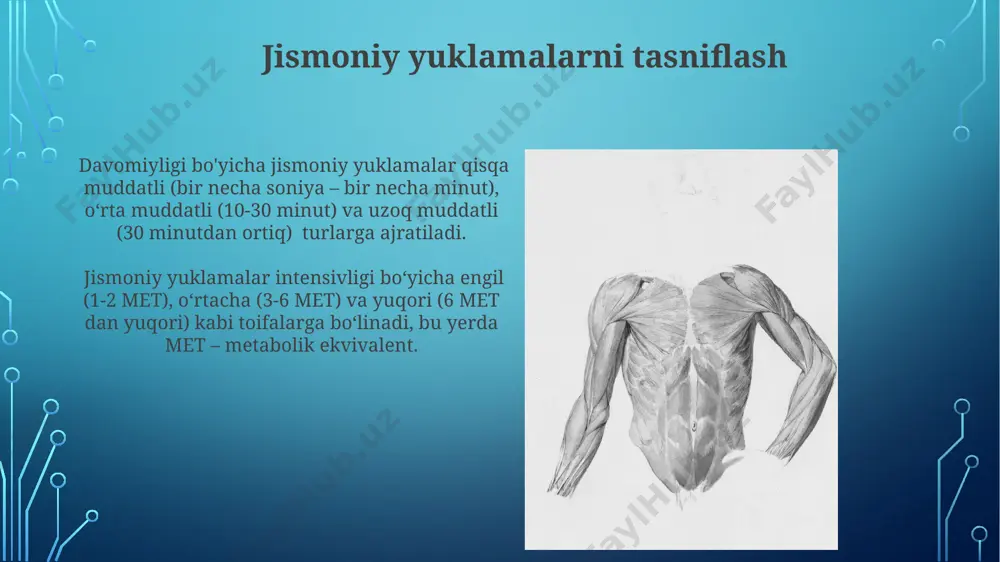 ini beradi. qon laktat kontsentratsiyasini o‘lchash, anaerob metabolizm darajasini va mushaklarning charchoq holatini aniqlashda muhim diagnostik ko‘rsatkich hisoblanadi; 4 mmol/l dan yuqori qiymatlar yuqori intensivlikni ko‘rsatadi. nerv tizimining funktsional holatini baholash reaksiya vaqti testlari orqali (masalan, oddiy reaksiya testi) markaziy nerv sistemasining tezligi va samaradorligini baholash; 10-20 millisekunddagi o'zgarishlar diqqat va konsentratsiya darajasini aks ettiradi. yurak urish tezligining (hr) o'zgarishi va qon bosimining (bp) ko'tarilishi orqali simpatik nerv sistemasining faollashuvini baholash, hrv tahlili 15-25% gacha aniqlik bilan stress darajasini ko'rsatadi. laboratoriya tekshiruvlari qonning umumiy tahlili leykotsitlar sonining 10⁹/l ga ko'tarilishini, shuningdek, gematokrit va gemoglobin darajalarining jismoniy yuklamadan keyin o'zgarishini aniqlash imkonini beradi. biokimyoviy qon tahlili laktat dehidrogenaza (ldh) fermentining faolligining oshishini, kreatin kinaz (ck) va mioglobin darajasini aniqlash orqali mushak to'qimalarining shikastlanish darajasini baholashga yordam beradi. suv-tuz almashinuvi jarayonlarini baholash suv-tuz almashinuvi jarayonlarini baholashda siydikdagi elektrolitlar (natriy, kaliy, xlor) konsentratsiyasini o'lchash, suv balansini aniqlash va terlash miqdorini hisobga olish orqali …