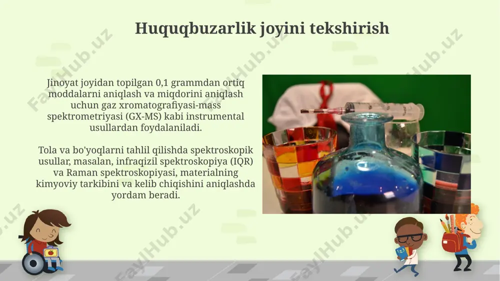 latlarida juda muhim ahamiyat kasb etadi. spektroskopik usullar, masalan, infraqizil spektroskopiyasi, moddaning molekulyar tuzilishini aniqlashda yordam beradi va 4000-400 sm⁻¹ diapazonidagi nur yutilishini tahlil qilish orqali noma'lum moddalarni aniqlash imkonini beradi. yonish izlarini tahlil qilish yonish izlarida topilgan metallar, masalan, temir (fe) yoki mis (cu), ularning konsentratsiyasi va nisbati orqali yonish jarayonining sharoitlari haqida ma’lumot beradi. yonish izlarining kimyoviy tarkibini tahlil qilish, 100 dan ortiq turdagi organik va noorganik birikmalarni aniqlash imkonini beradi, bu hodisaning sababini aniqlashga yordam beradi. sud ekspertizasida kimyoning ahamiyati dnk profili yaratish, giyohvand moddalarni aniqlash kabi jarayonlar kimyoviy reaksiyalar va spektroskopik usullarga asoslangan bo'lib, 99,9% aniqlik darajasiga erishish imkonini beradi. portlovchi moddalarni, zaharlarni va boshqa xavfli moddalarni aniqlash va ularning tarkibini aniqlashda gaz xromatografiyasi va mass-spektrometriya kabi ilg'or kimyoviy usullar qo'llaniladi. moddalarni aniqlash portlovchi moddalarni aniqlashda rentgen difraktometriyasi kristall tuzilmalarini aniqlash orqali 0.1 mg dan kam miqdordagi tnt, rdx va boshqa birikmalarni aniqlay oladi. toksinlarni aniqlashda, …