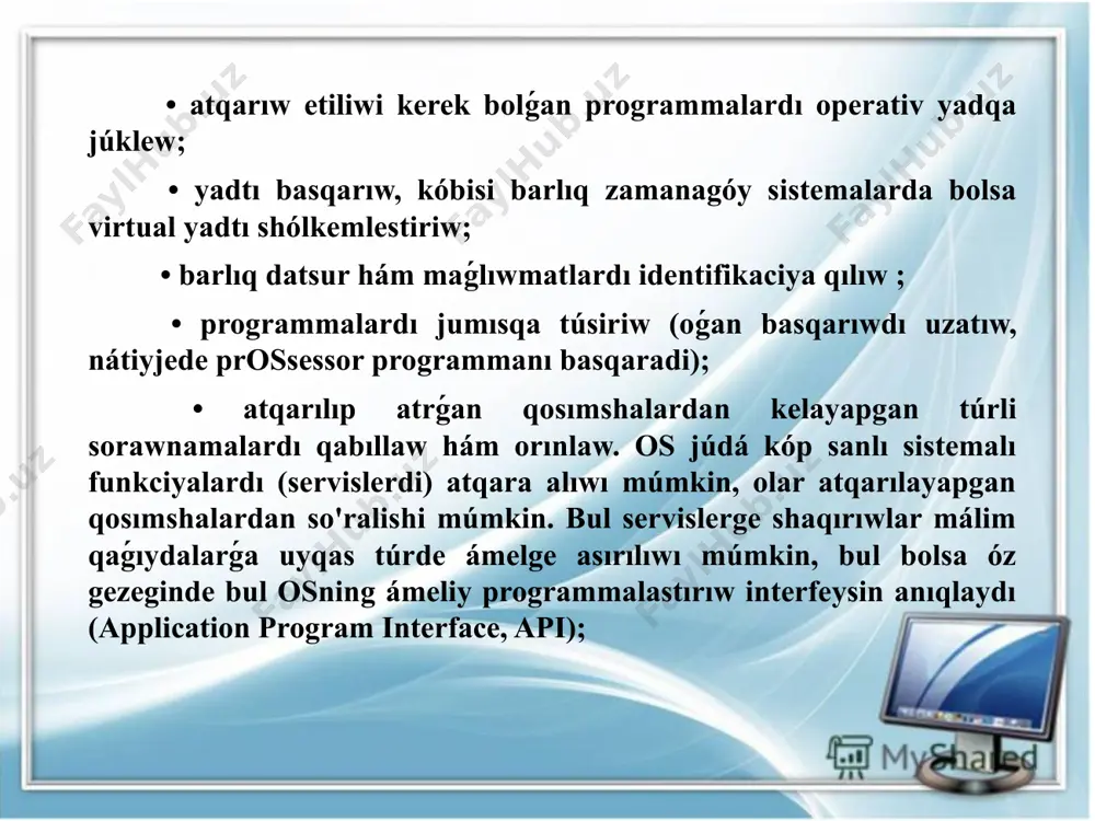ba ishlari to’plami. 3. .abduqodirov. “axborot texnologiyalari” toshkent o`qituvchi, 2001 yil. 4. m. r. musayeva, m. a. zoidova, f. s. islamova “informatika” fanidan amaliy mashg`ulotlar uchun uslubiy qo`llanma, toshkent 2008 yil, taqi. 5. s. simonovich, g. evseev, a. alekseev “obshaya informatika” moskva: astpress, 2003 god. 6. i. g. lesnichnaya, i.v. missing, yu. d. romanov, v. i. shestakov “informatika i informatsionnie texnologii” 2-e izdaniya. moskva: eksmo, 2007 god diqqatin'iz ushin rahmet!!! image1.jpeg image2.png image3.png image4.png